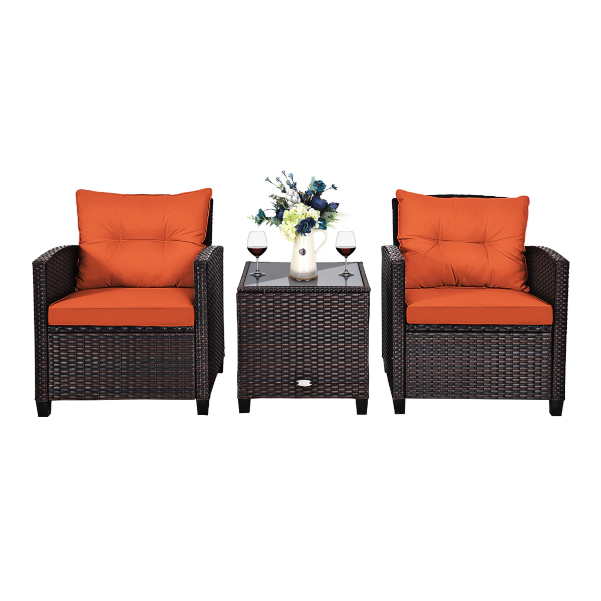 SUGIFT 3-Piece Rattan Patio Conversation Set with Washable Cushions 360-lb Chair Capacity Red Beige Turquoise
