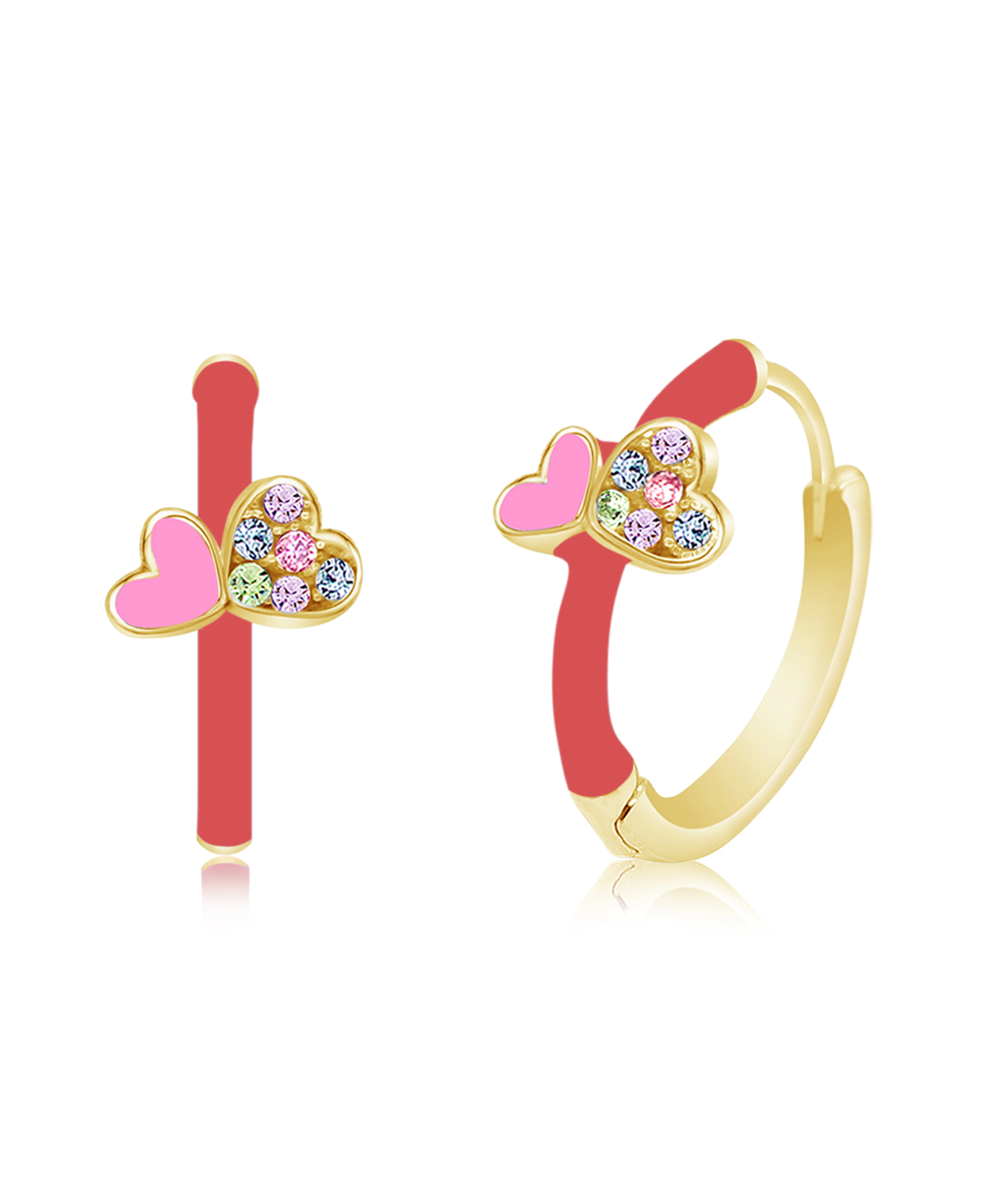 CHANTEUR Girls Huggie Hoop Earrings - Yellow Gold Plated Brass, Pink Enamel Hearts, Cubic Zirconia