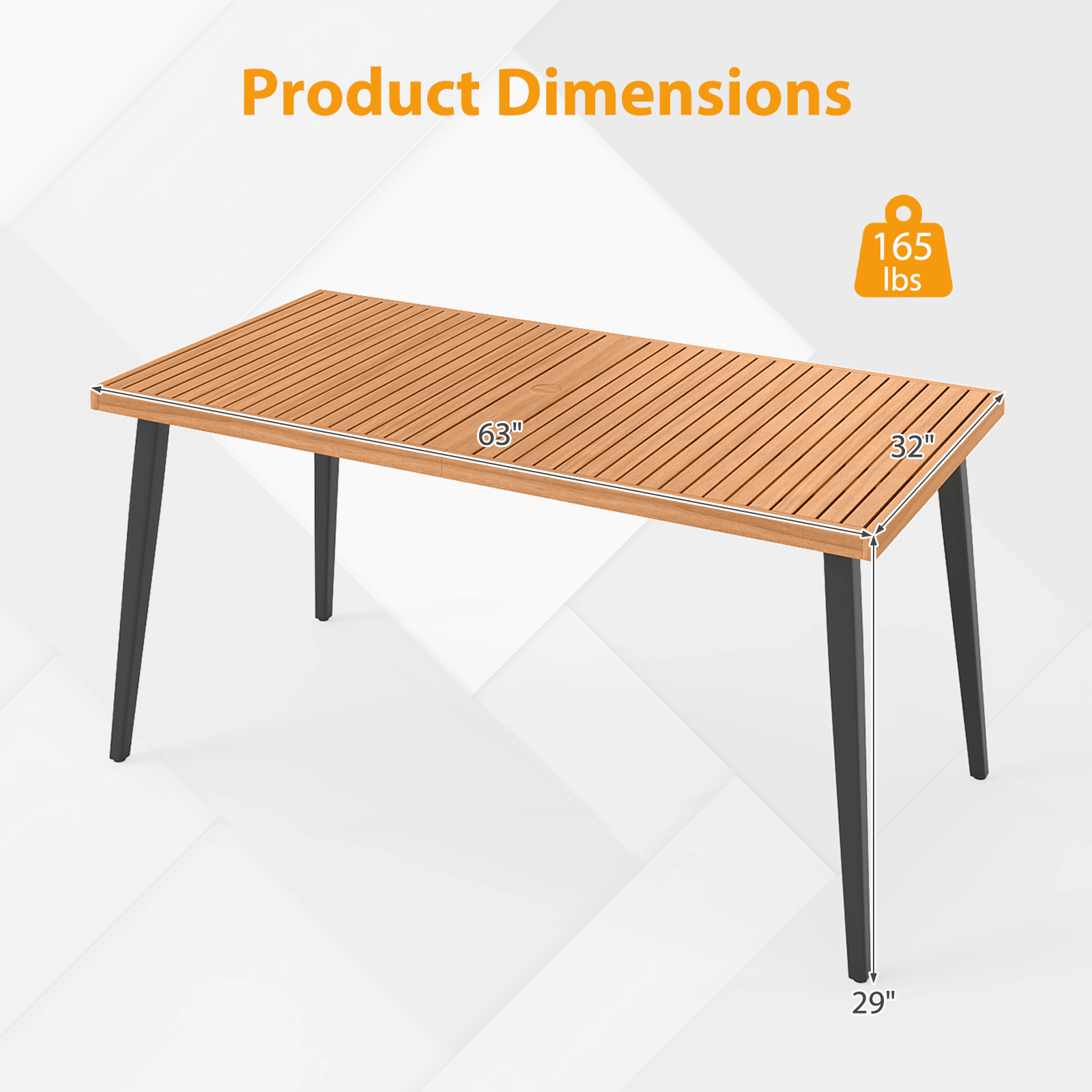 SUGIFT 63-in Acacia Wood Dining Table for 6, Indoor Outdoor Patio Table with Metal Legs and Umbrella Hole