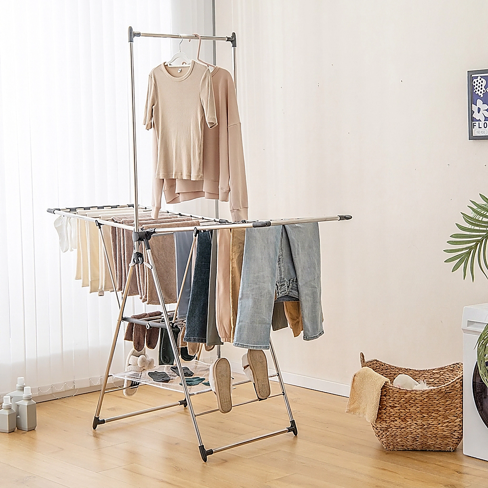 SUGIFT Silver 80-lb Capacity Stainless Steel Clothes Drying Rack with 6-Level Height and Top Hanger Bar