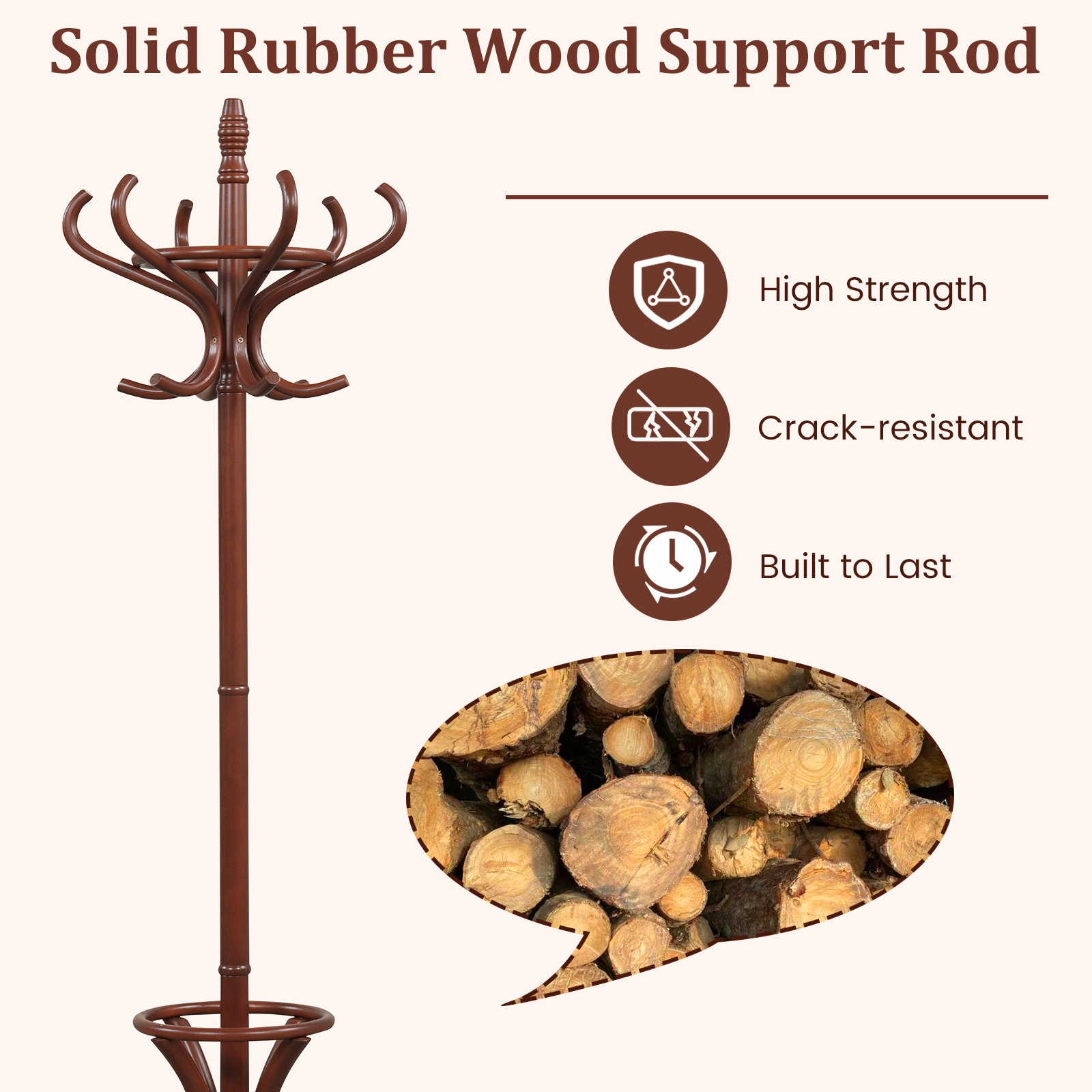 SUGIFT 73-in Tall Birch Wood Standing Hall Tree Coat and Hat Rack with Umbrella Stand and 12 Hooks