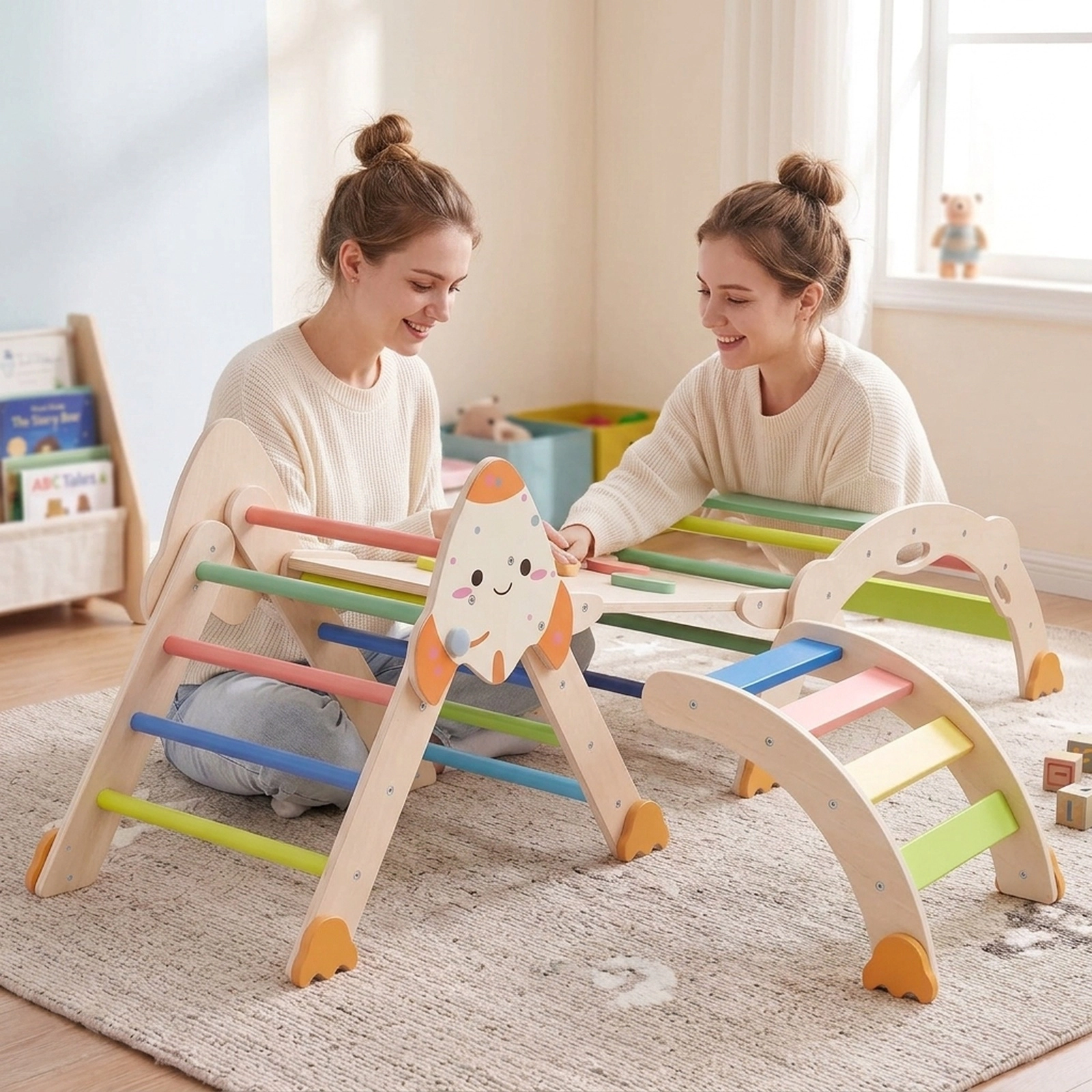 8-in-1 Foldable Toddler Climbing Set Rocket Theme Climbing Triangle Arch Balance Bridge Cushion 330-lb Total Ages 1+