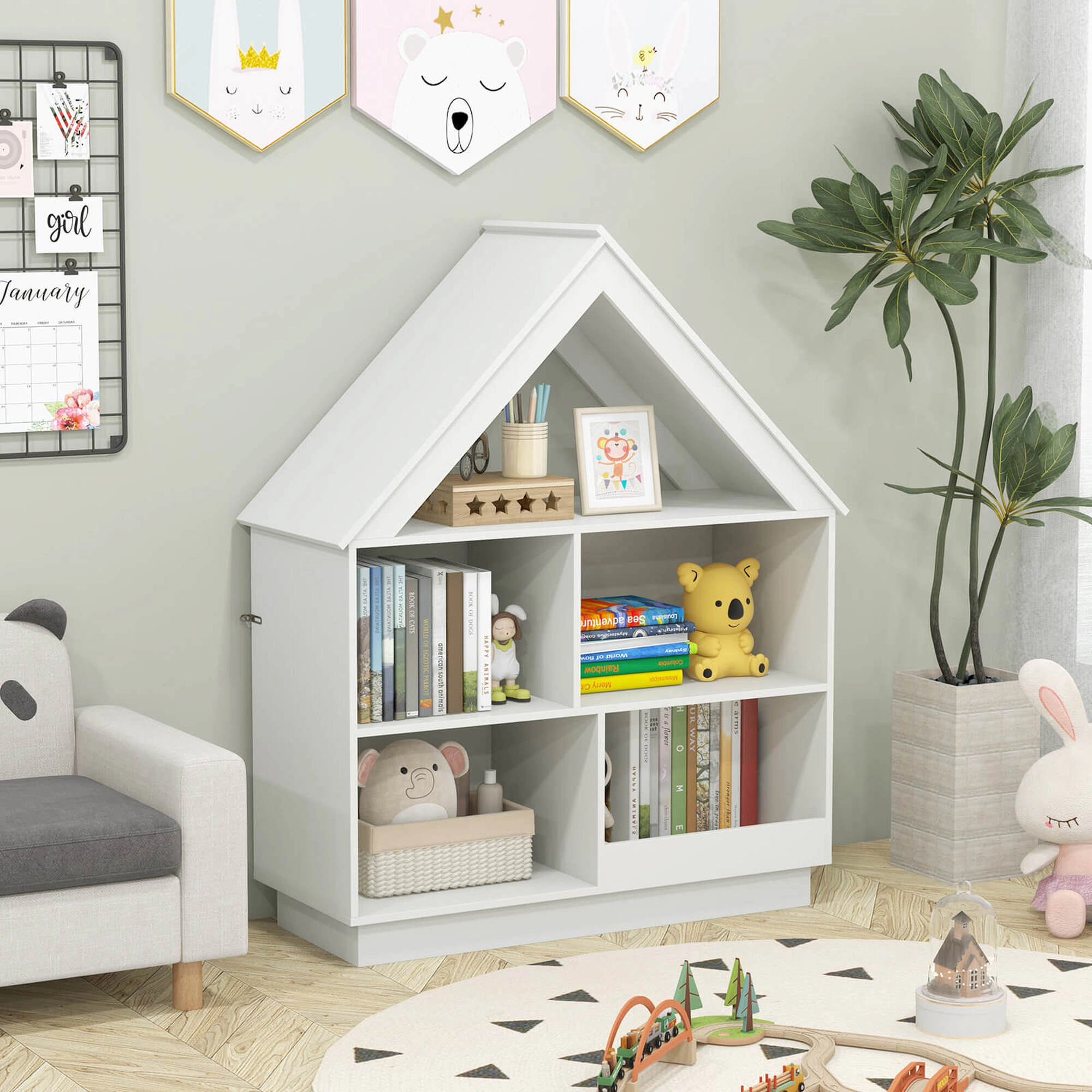 Costway Wooden Kids Dollhouse Bookshelf with Open Shelves Anti-toppling System Bookcase White