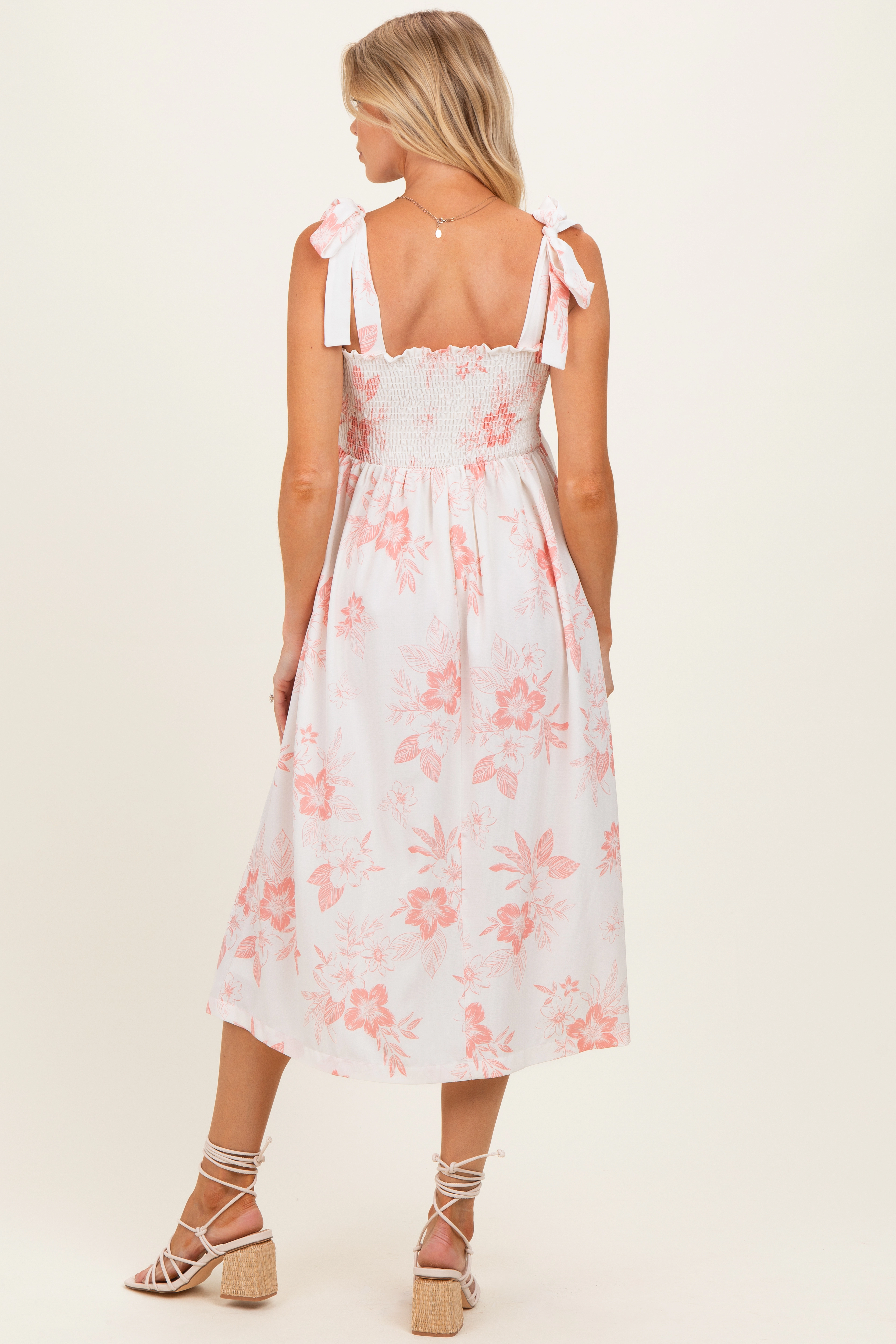 PinkBlush Womens Peach Floral Smocked Maternity Midi Dress