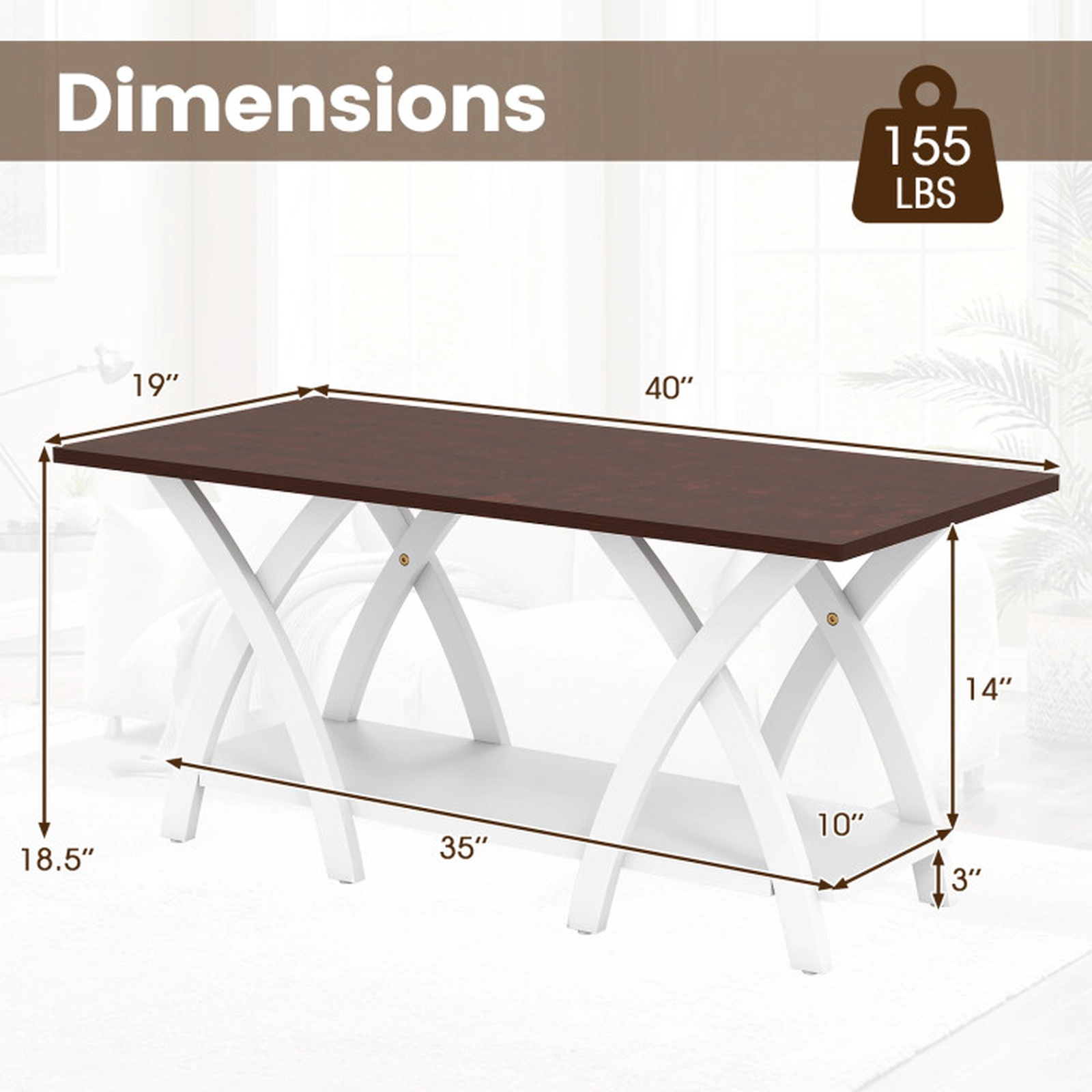 SUGIFT 40-in Farmhouse Wooden 2-Tier Coffee Table with Storage Shelf 155-lb Capacity Rubber Wood Walnut + White