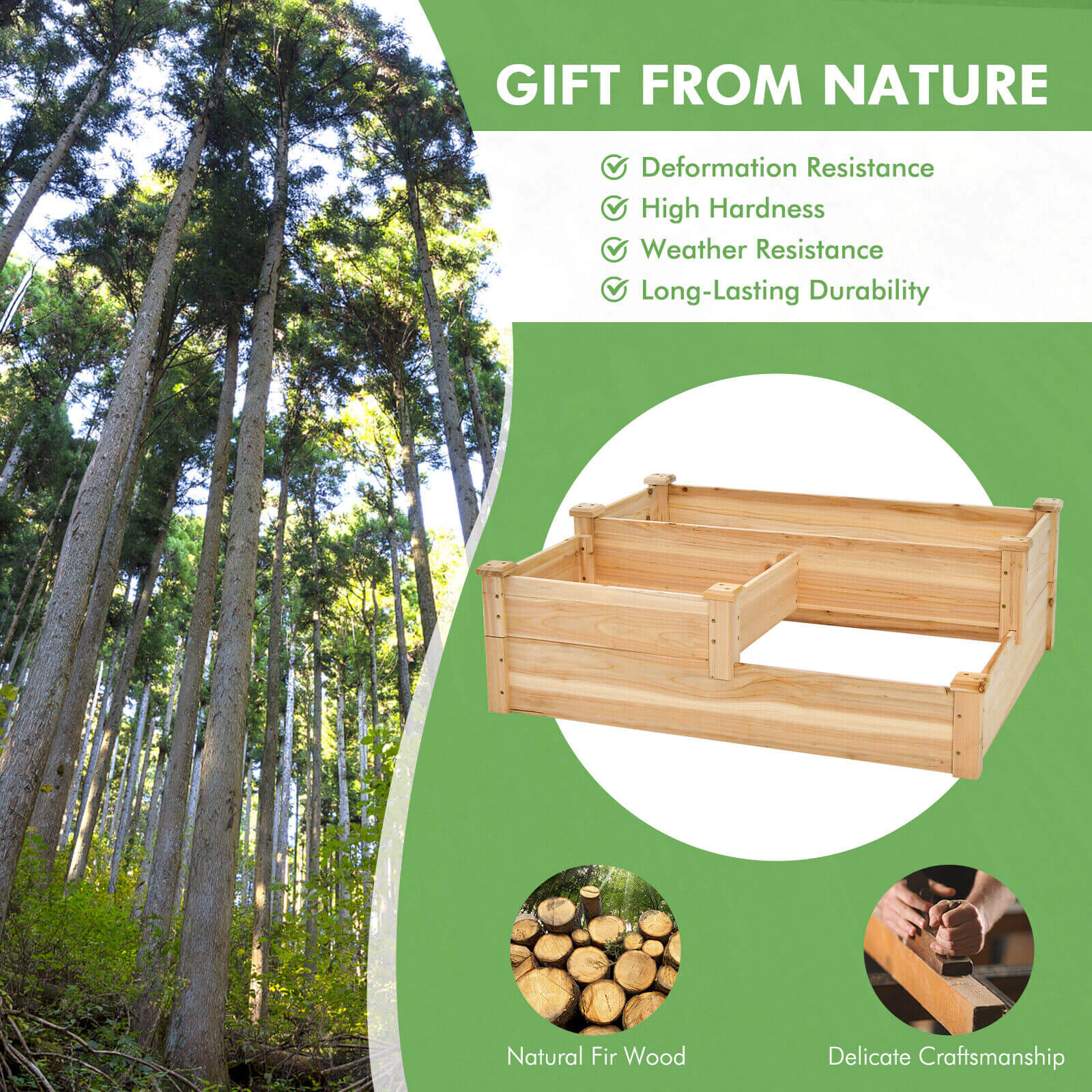 SUGIFT 3-Tier Fir Wood Raised Garden Bed Outdoor Planter with Open-Ended Base 42.5-in Wide Frame Natural
