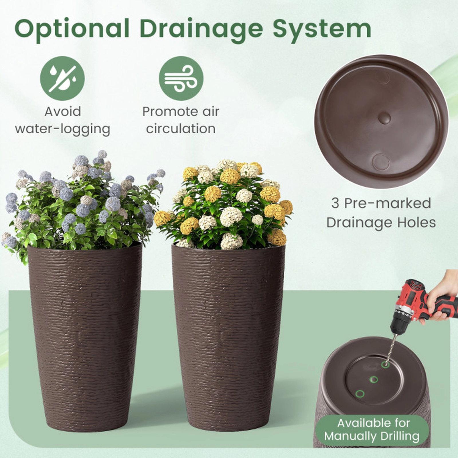 SUGIFT 21-in Tall Round Plastic Planters with Optional Drainage System Brown Set of 2