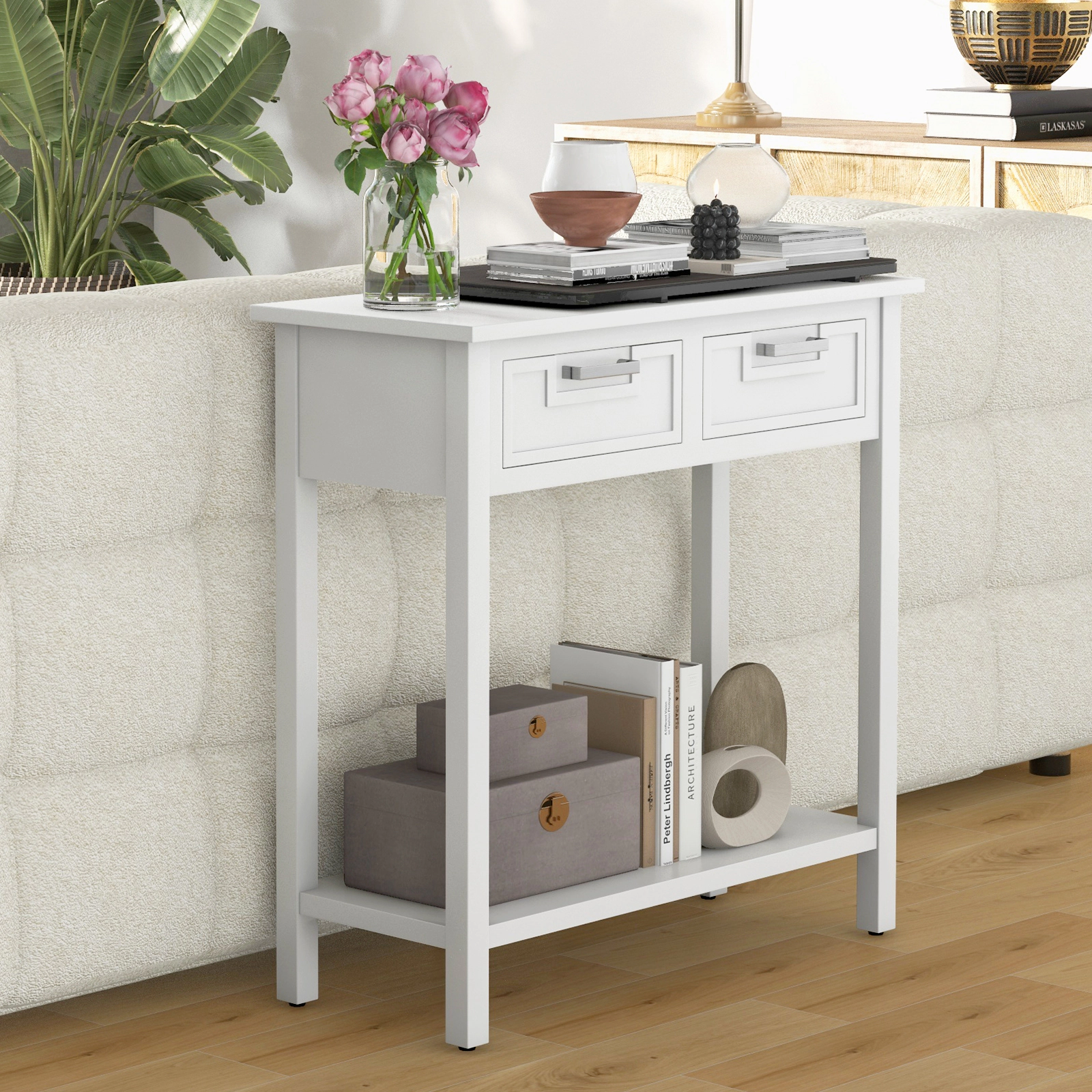 SUGIFT Narrow Console Table with Drawers and Open Storage Shelf 110-lb Tabletop Capacity White