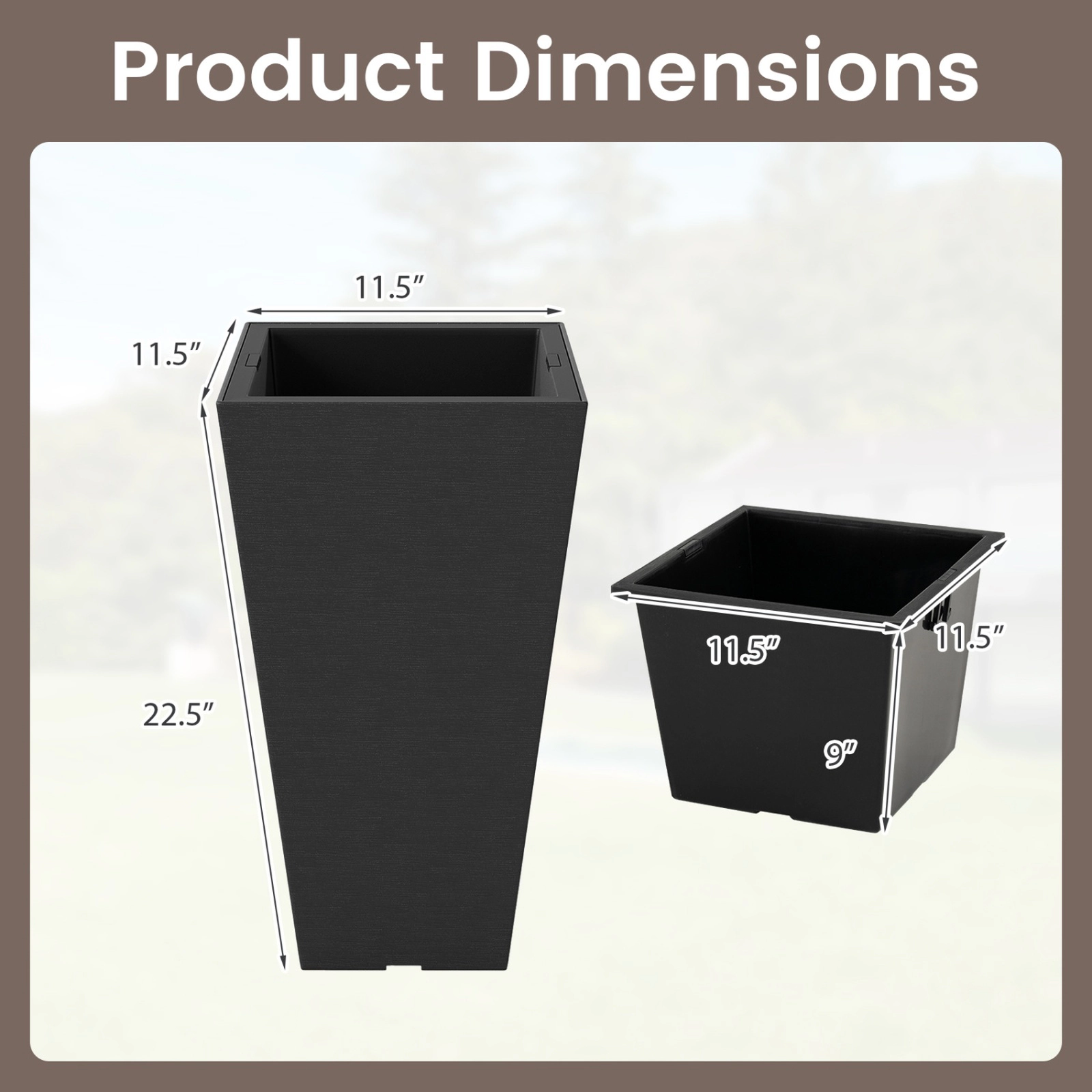 SUGIFT 22.5-in Tall Self-Watering Square Planter with Removable Inner Bucket Flower Pot Set Brown/Black