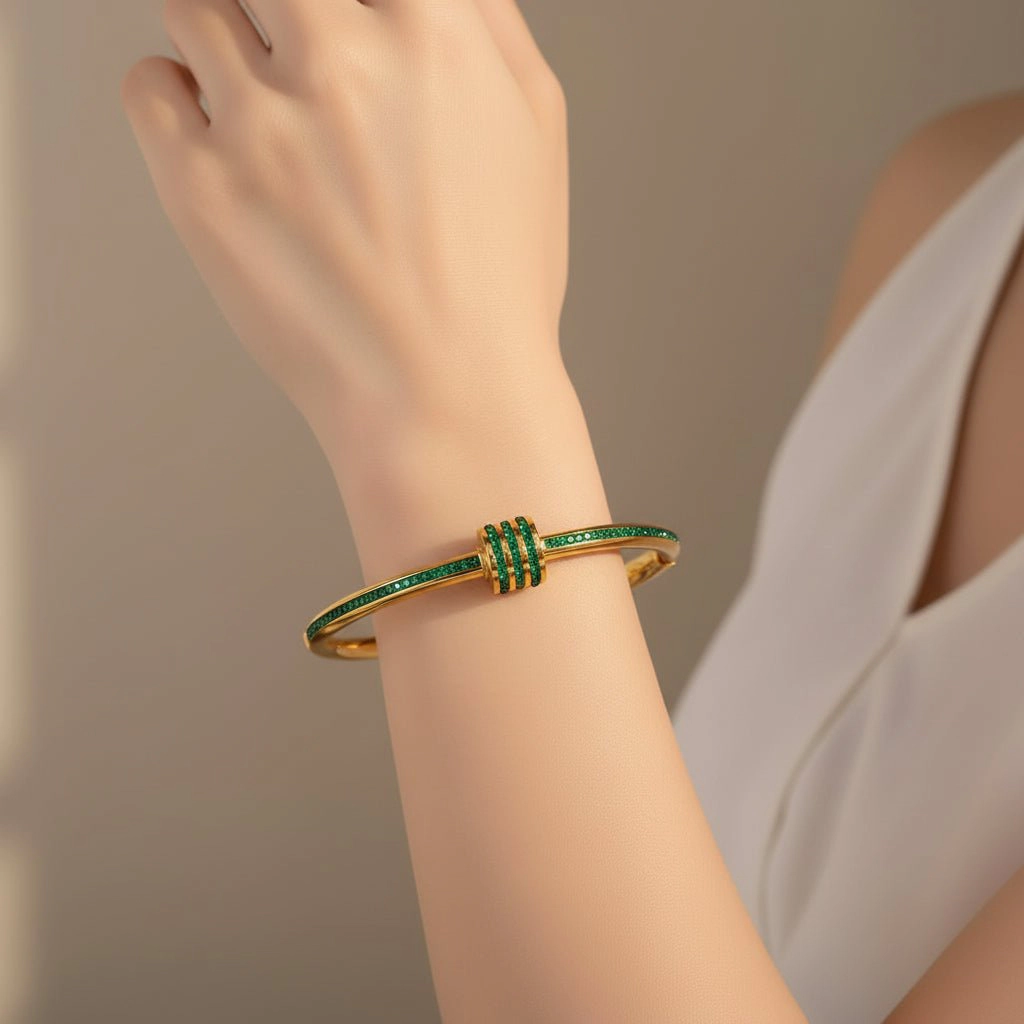 DressAtR Women's Green Zircon Gold Tone Bangle Bracelet
