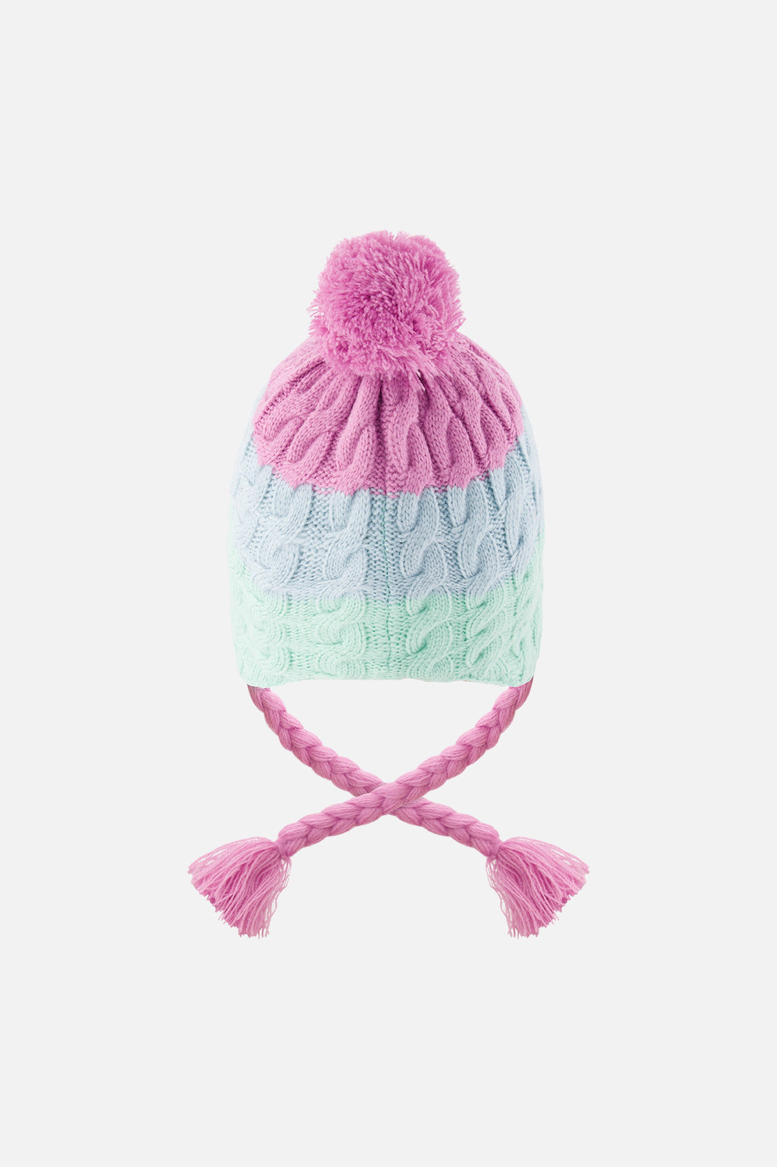 Deux par Girls Color Block Cable-Knit Winter Peruvian Knit Hat with Pompom