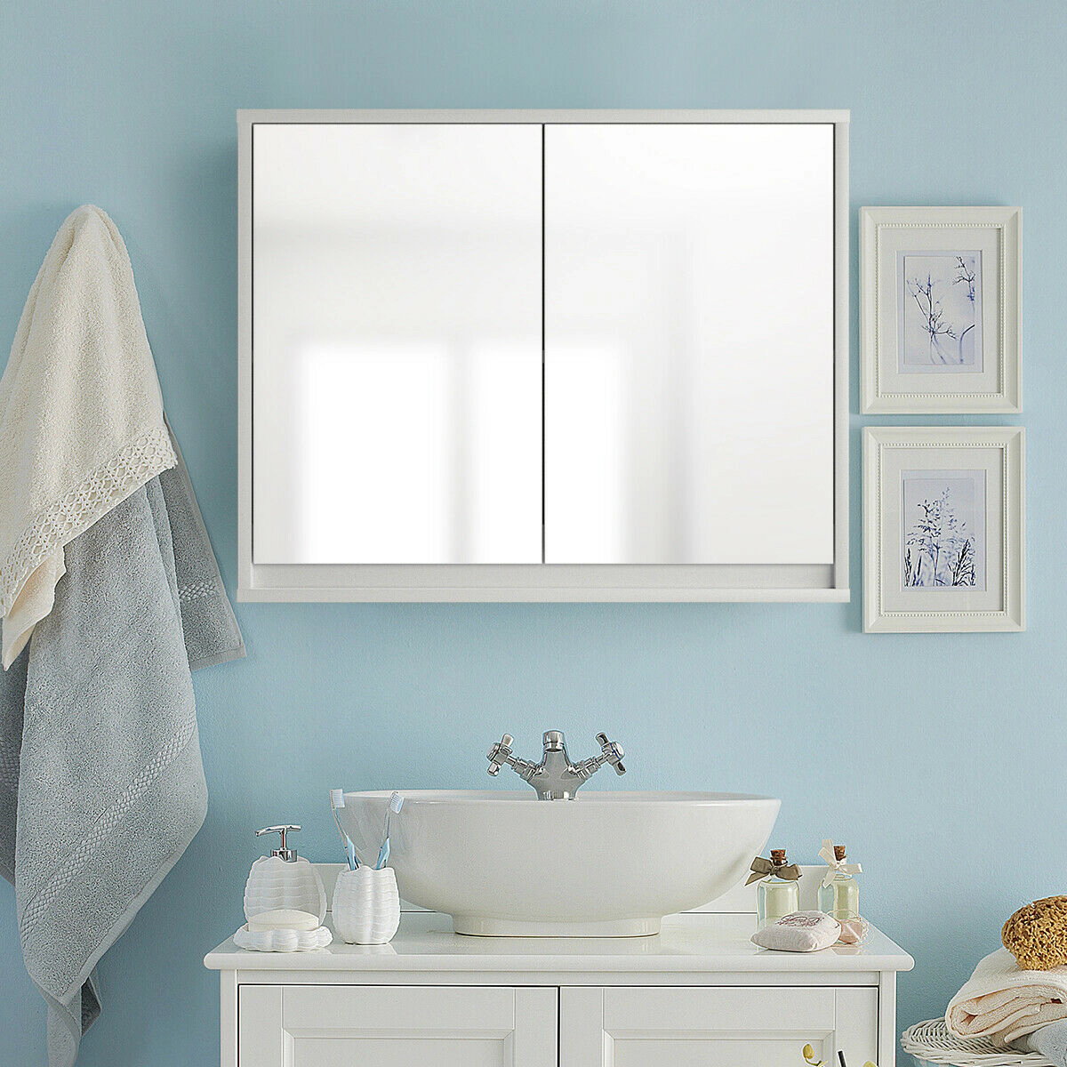 Slickblue Wall Mounted Bathroom Medicine Cabinet with Double Mirror Doors and Storage