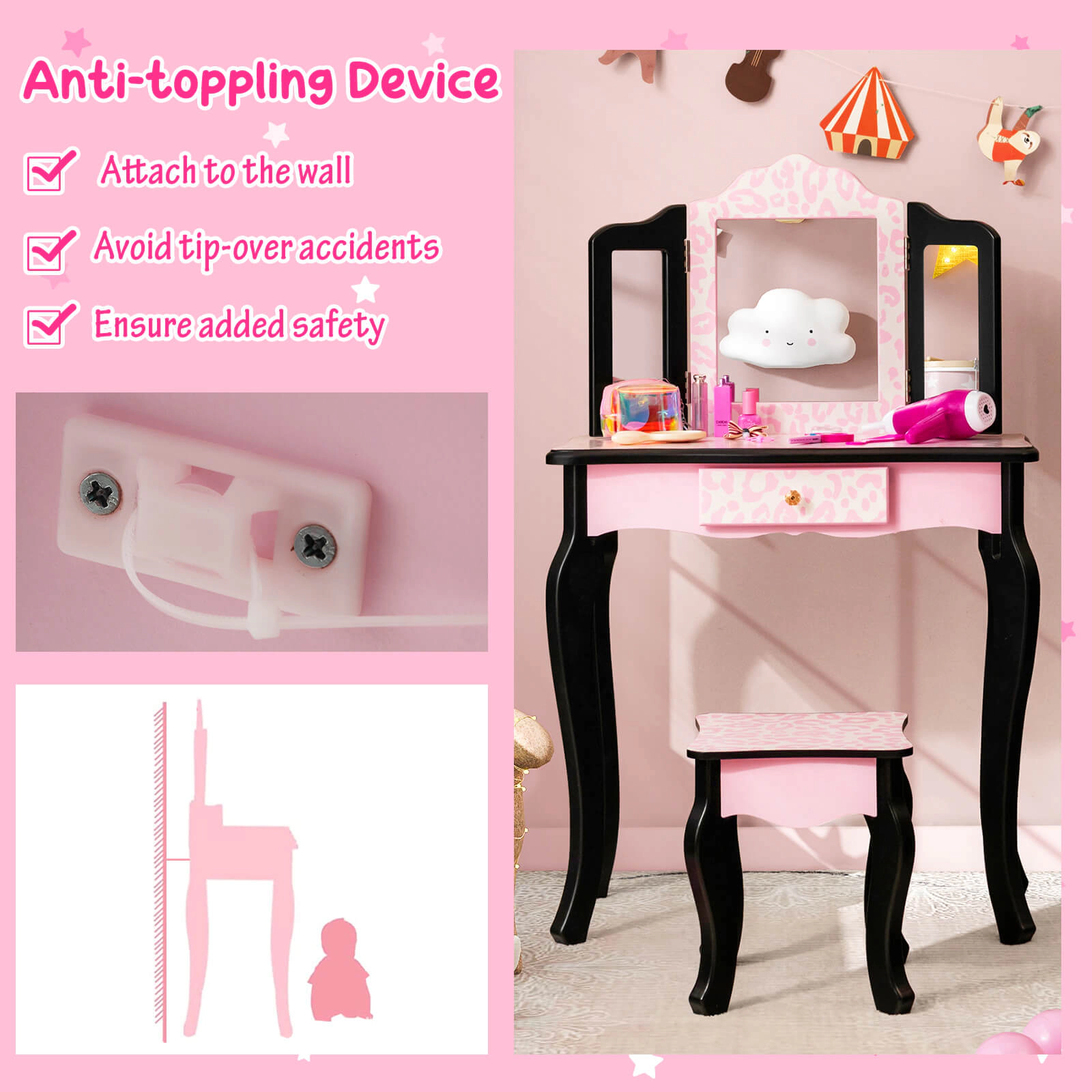 SUGIFT Pink Kids Vanity Set with Tri-Fold Mirror, Leopard Print and Crystal Knob