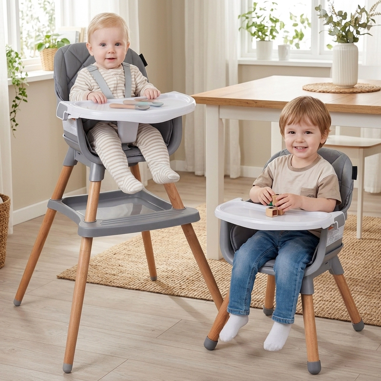 9-in-1 Convertible Beech Wood High Chair for Babies and Toddlers 66-lb Capacity Booster Straps 3-Position Double Tray