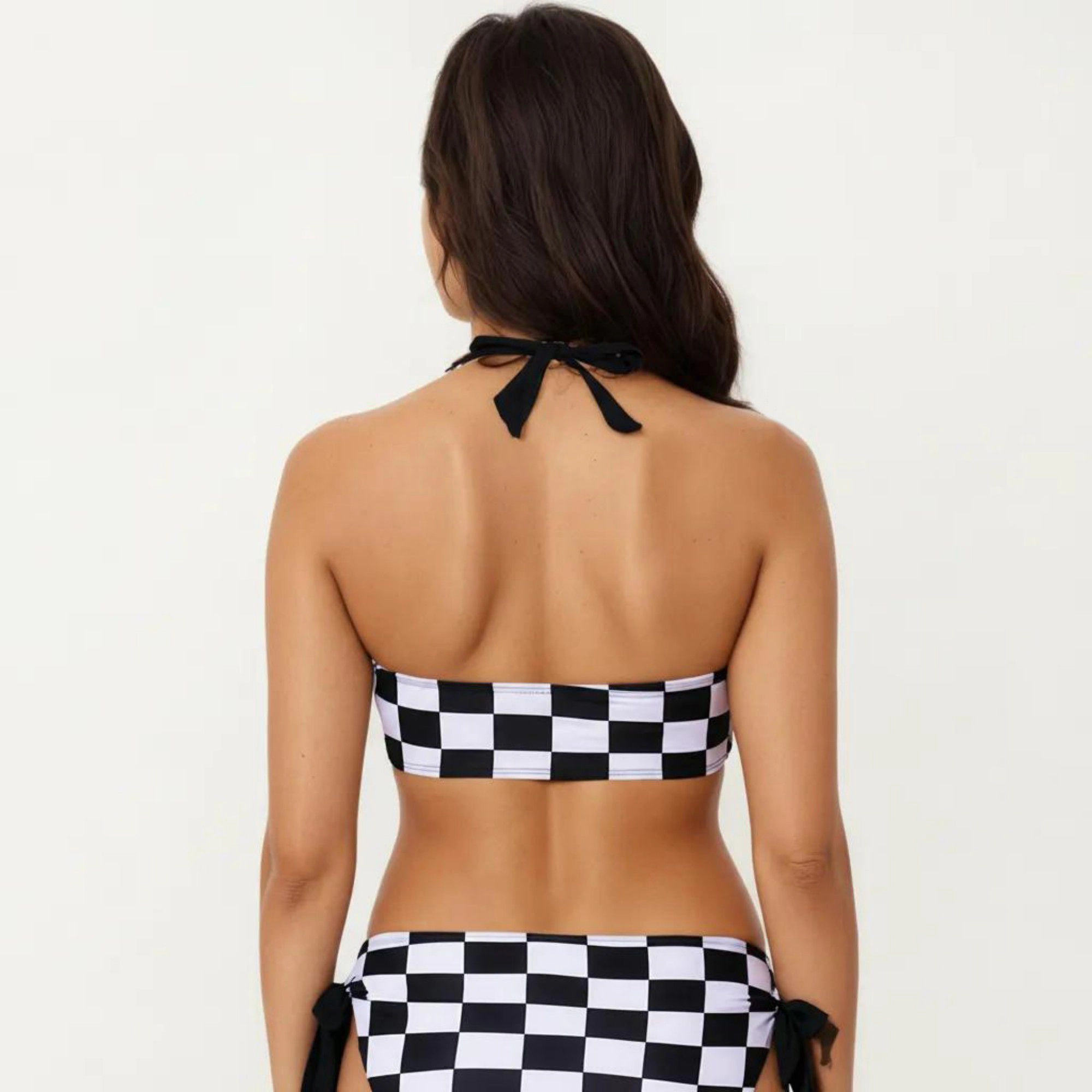 Anna-Kaci Women's 2-Piece Bikini Set with Halter Triangle Top Front Tie Detail Side Bottom Checkered Print
