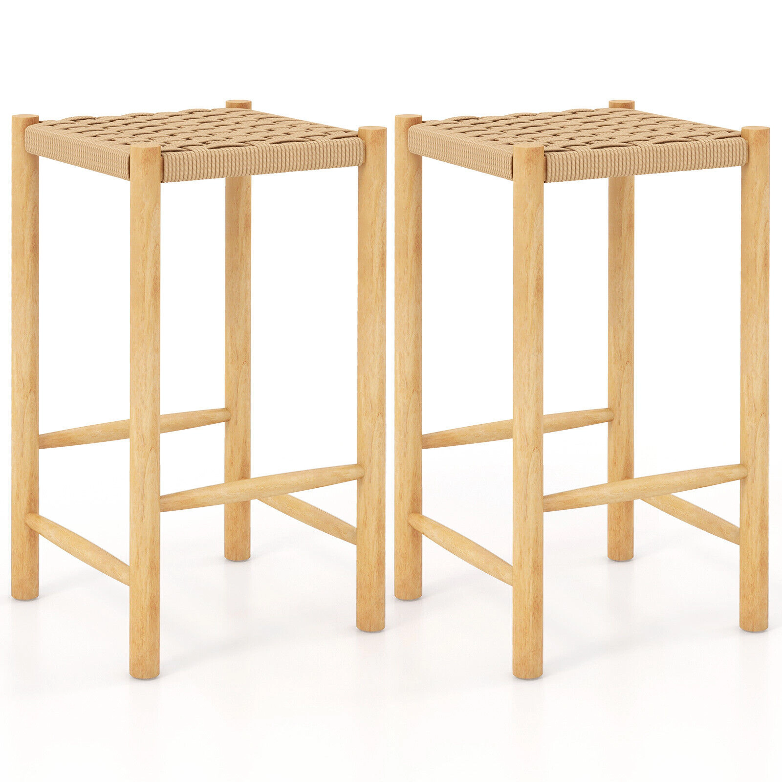 SUGIFT Woven Paper Rope Seat 330-lb Set of 2 Natural Rubber Wood Bar Stools