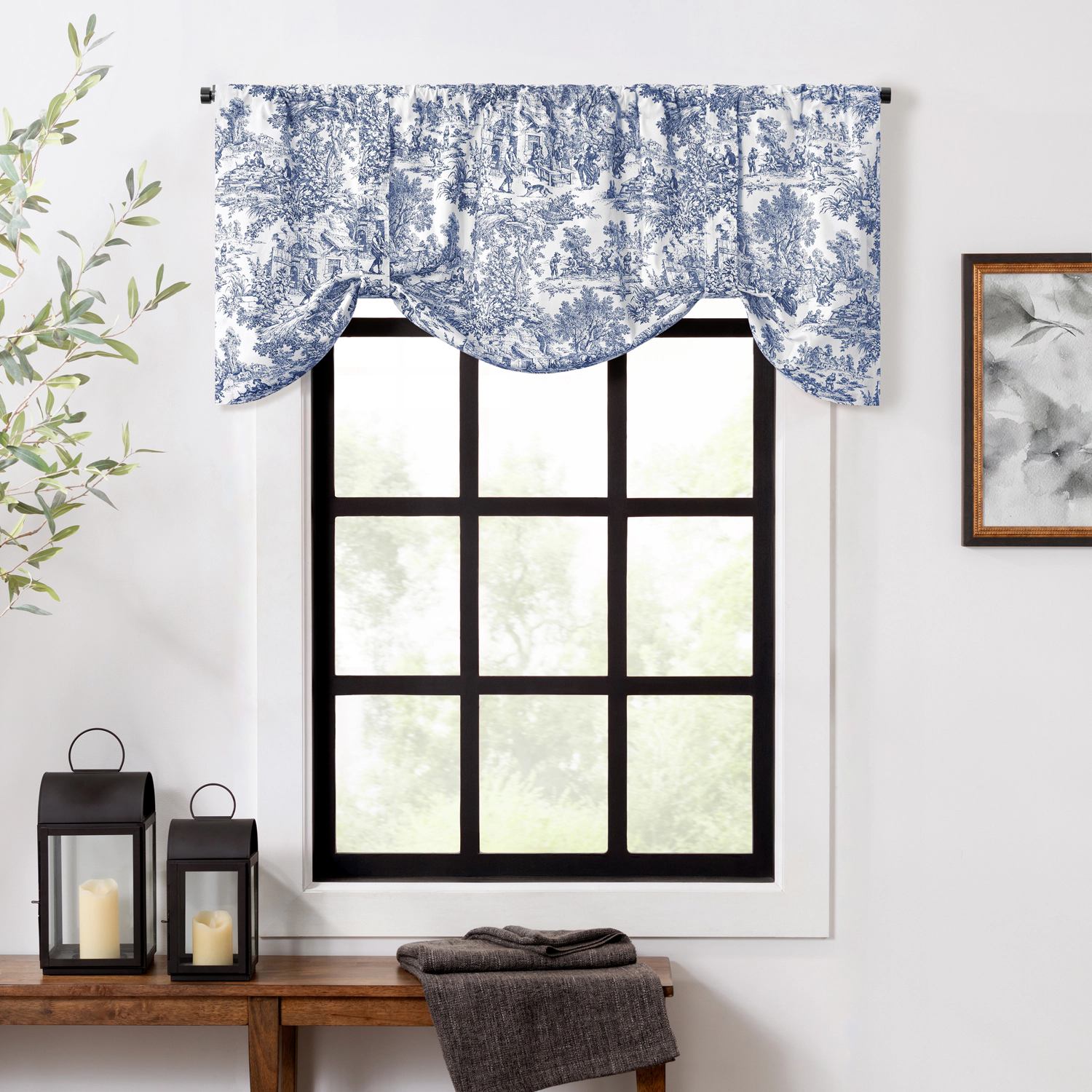 Ellis Curtain 100% Cotton Victoria Park Toile Tie Up Window Valance Includes 2 looped Ties 60" x 24