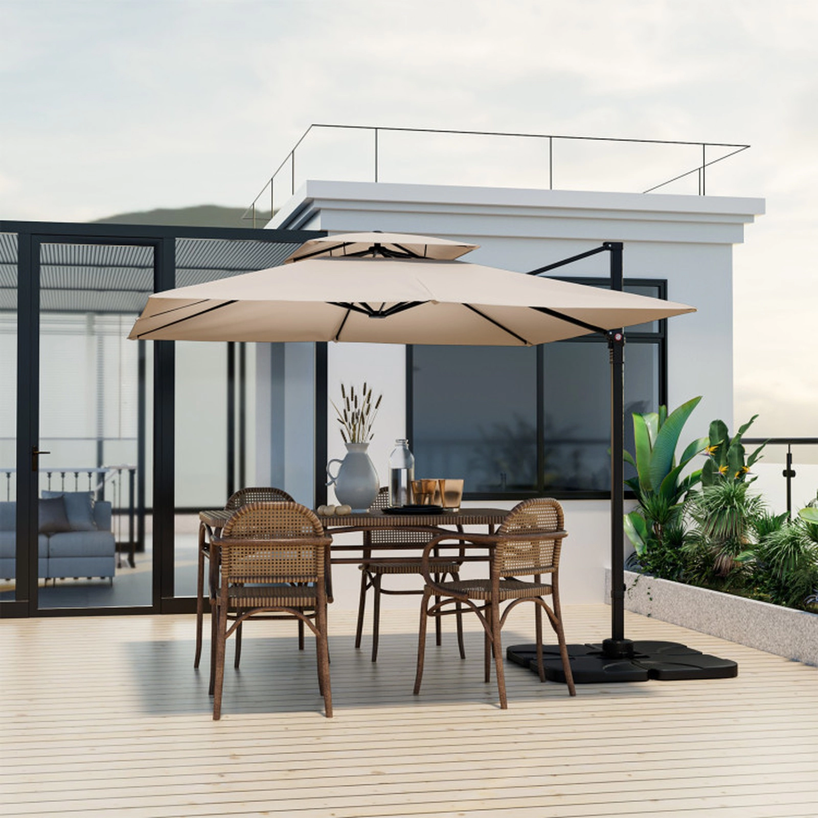 SUGIFT Beige Double Top and 360-Degree Rotation 9.5 FT Square Cantilever Patio Umbrella