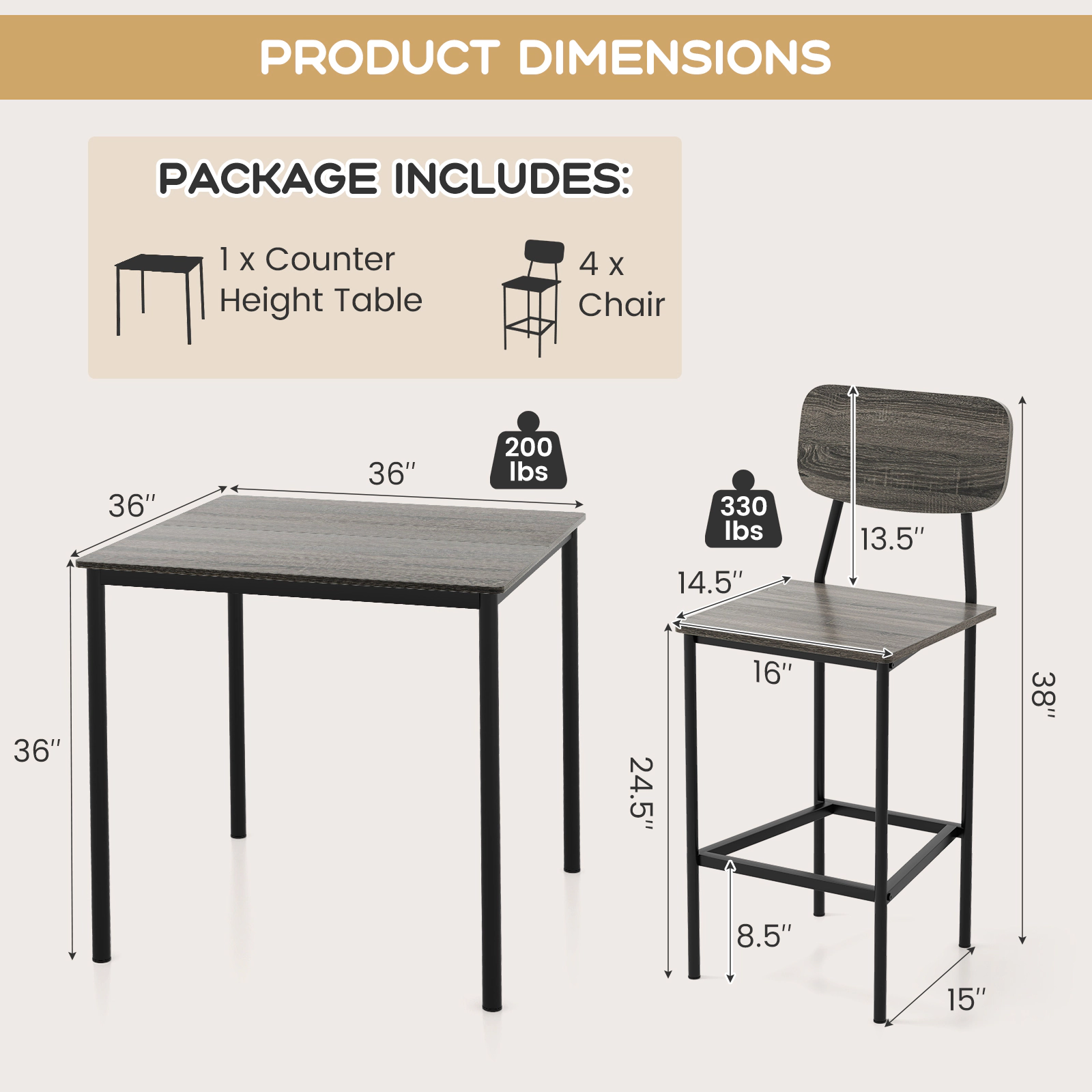SUGIFT Gray 4 Backless Stools 36-in Square 5-Piece Counter Height Bar Table Set