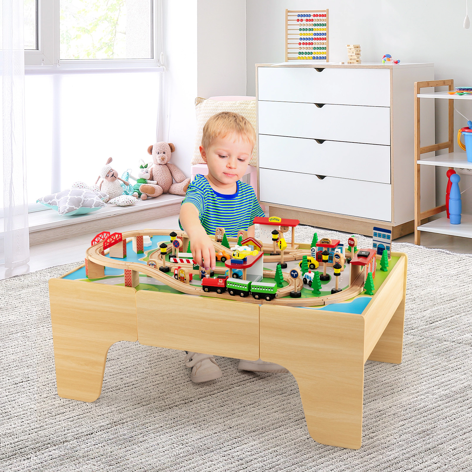 SUGIFT 84-Piece Wooden Train Set Activity Table with Reversible Top 38-in Long Ages 18M+ Natural Interactive Toy