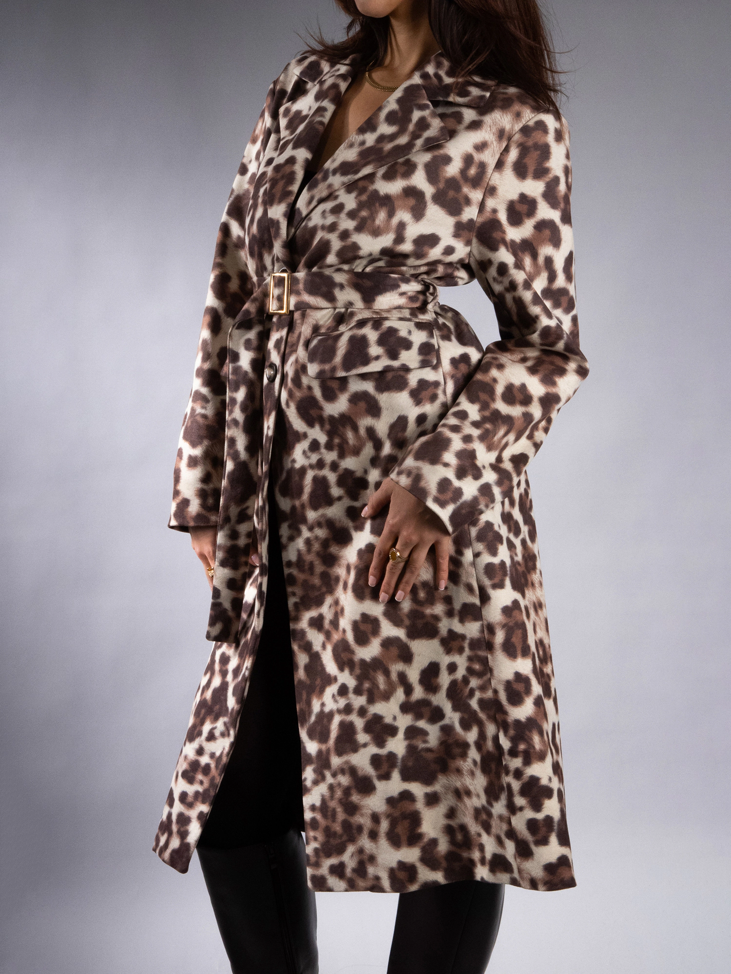 JESS by Meiko Women's Faux Suede Leopard Print Belted Trench Coat
