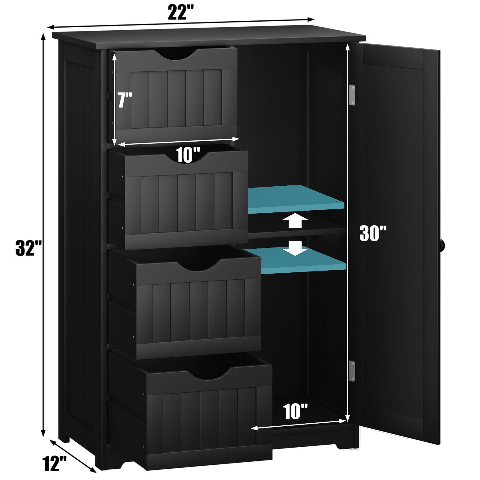 SUGIFT Standing Indoor MDF Engineered Wood Bathroom Cabinet with 4 Drawers and Side Door 143-lb Capacity Black