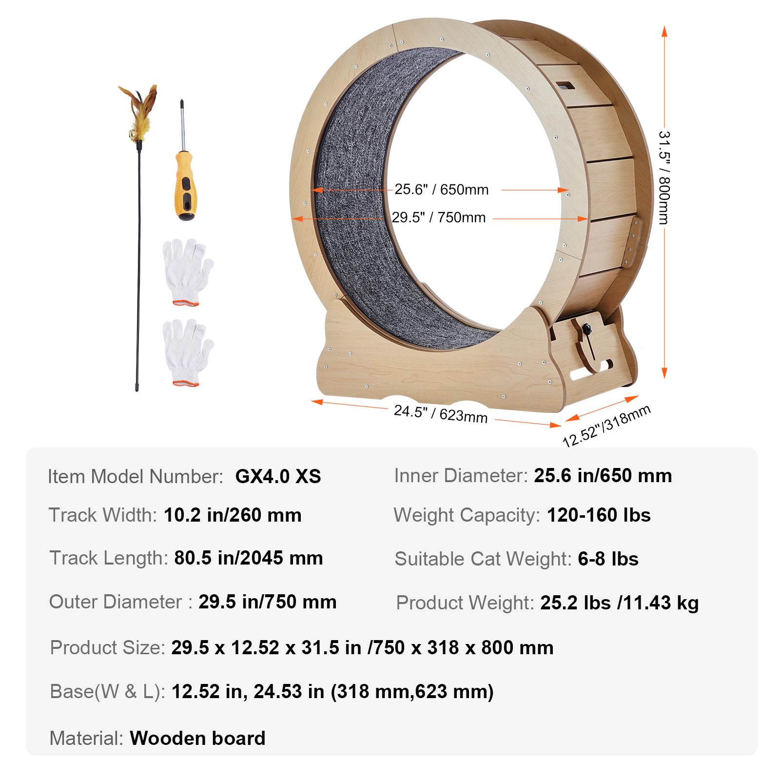 HONGGE 29.5-Inch Plywood Cat Exercise Wheel for Small Cats Up to 8 lbs, Quiet Indoor Running Wheel