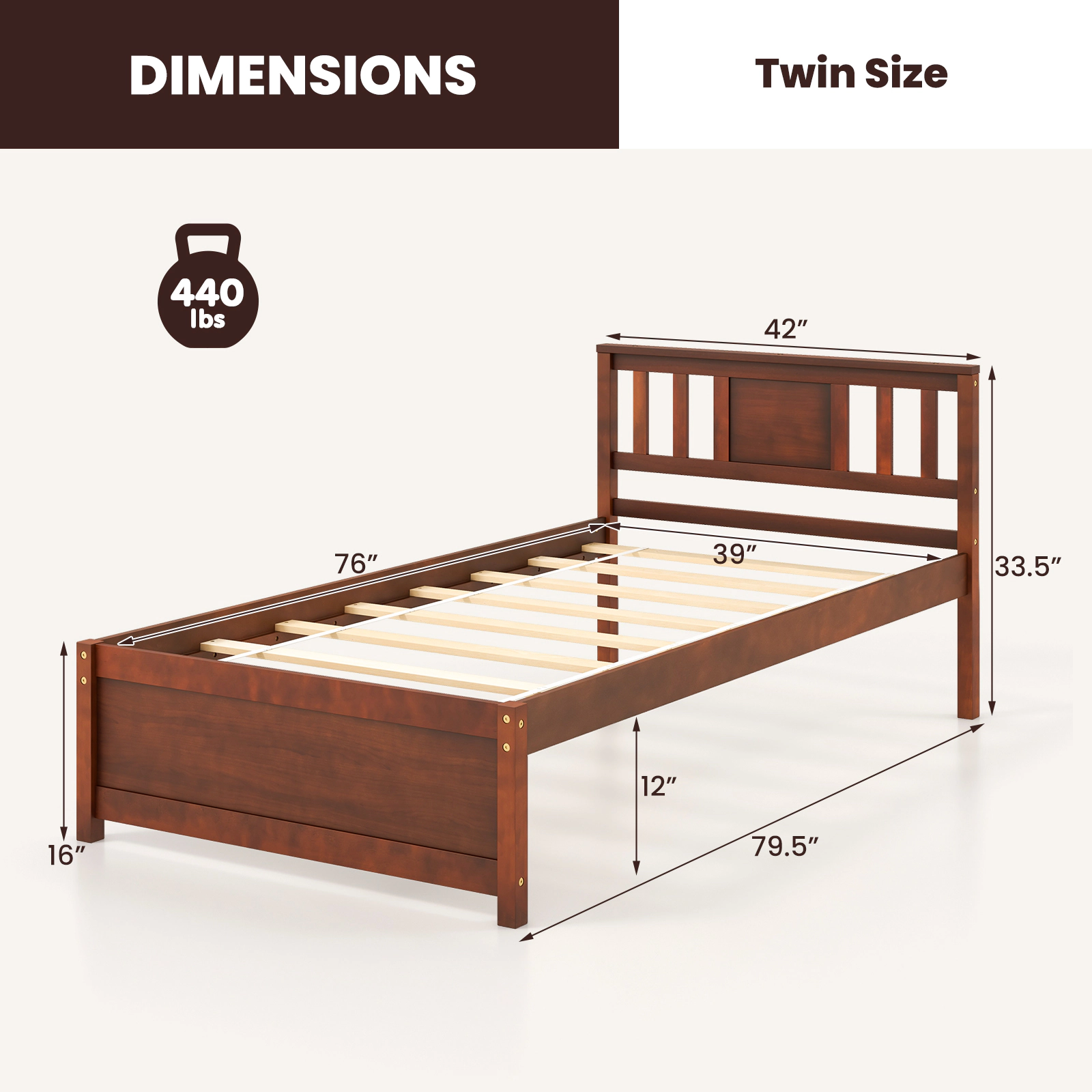 SUGIFT Wooden Twin Platform Bed Frame with Headboard and Slat Support 440-lb Capacity 79.5-in Frame Walnut Finish