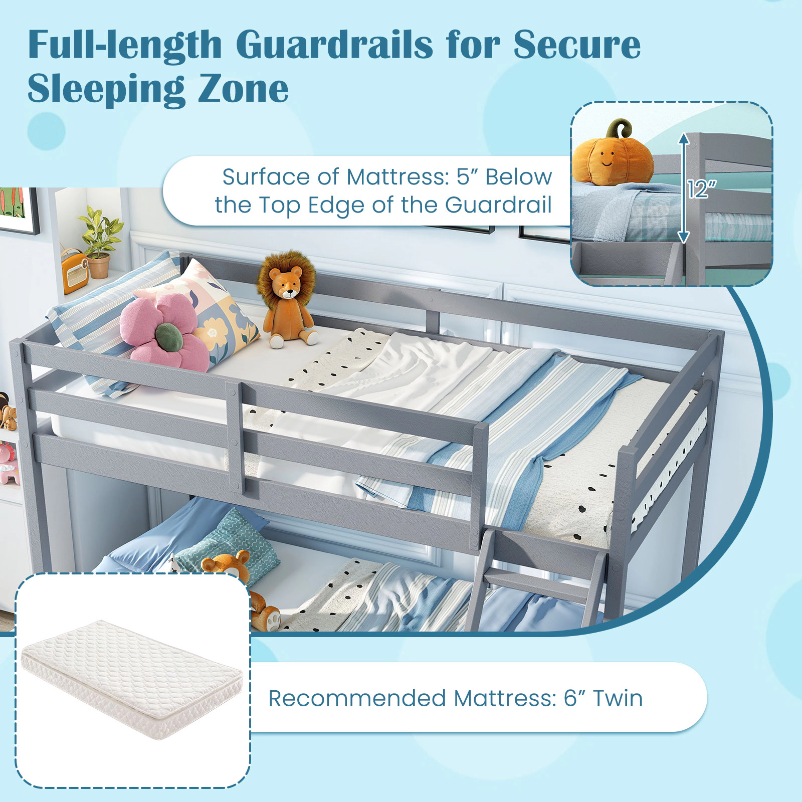 SUGIFT Twin Over Full Low Floor Bunk Bed Frame Guardrails & Ladder 250-lb Upper 350-lb Lower Capacity Gray/White/Natural