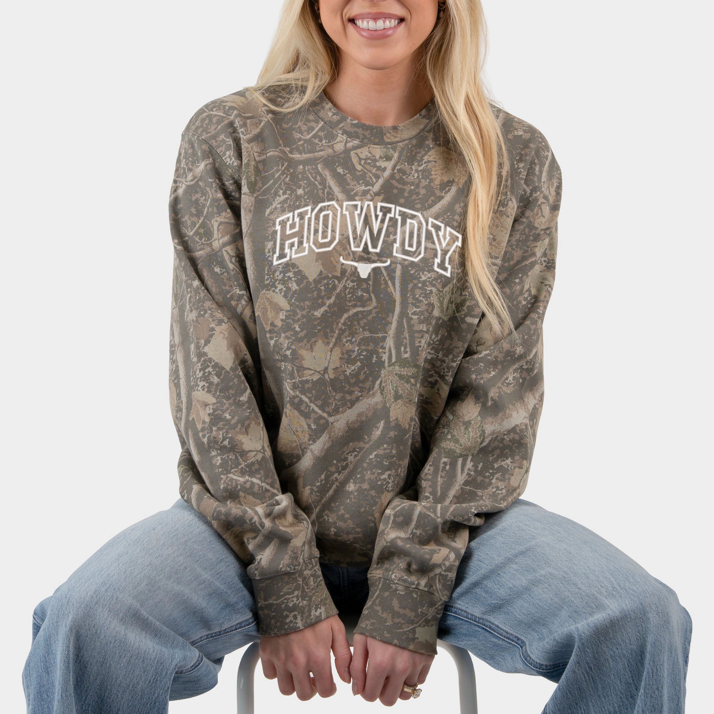 Simply Sage Market - Embroidered Howdy Bull Varsity Women's Camo Sweatshirt