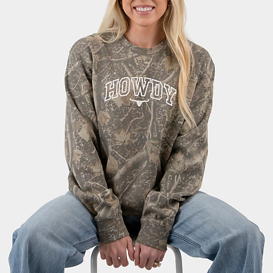 Simply Sage Market - Embroidered Howdy Bull Varsity - Women's Camo Sweatshirt