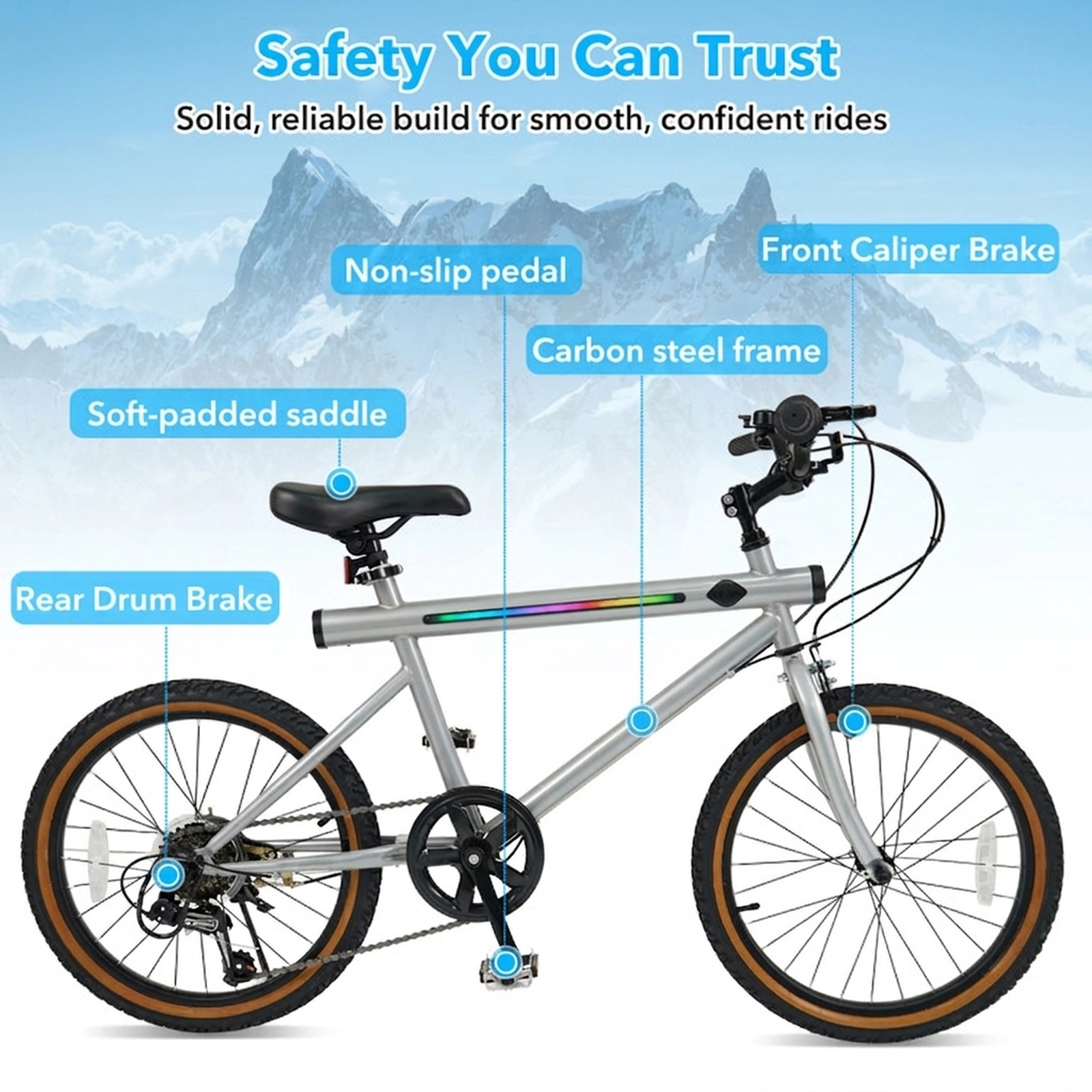 SUGIFT LED-Lit 20-Inch Bicycle with 6-Speed Shimano Gears 176-lb Seat Capacity Ages 13+ Black/Silver