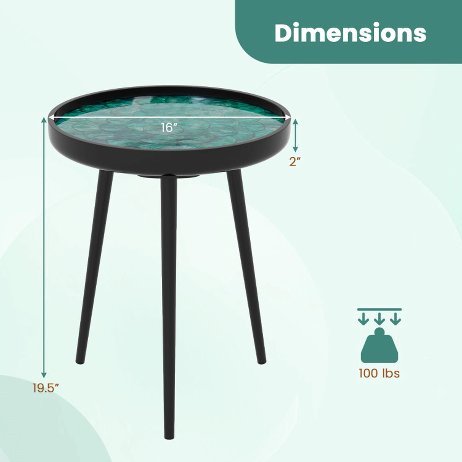 SUGIFT Handmade Sea Shell Tray-Top Mid-century Modern Coffee End Table 16-in Round 100-lb Capacity Green + Black