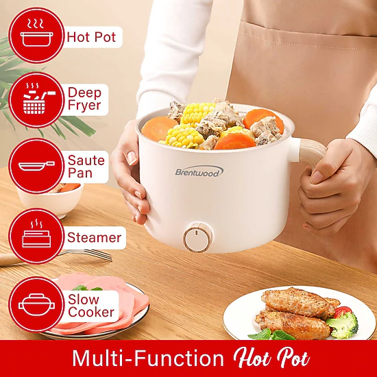 Brentwood 1.5Liter Multi-Function Electric Hot Pot Cooker in White with Ceramic Non-Stick Coating