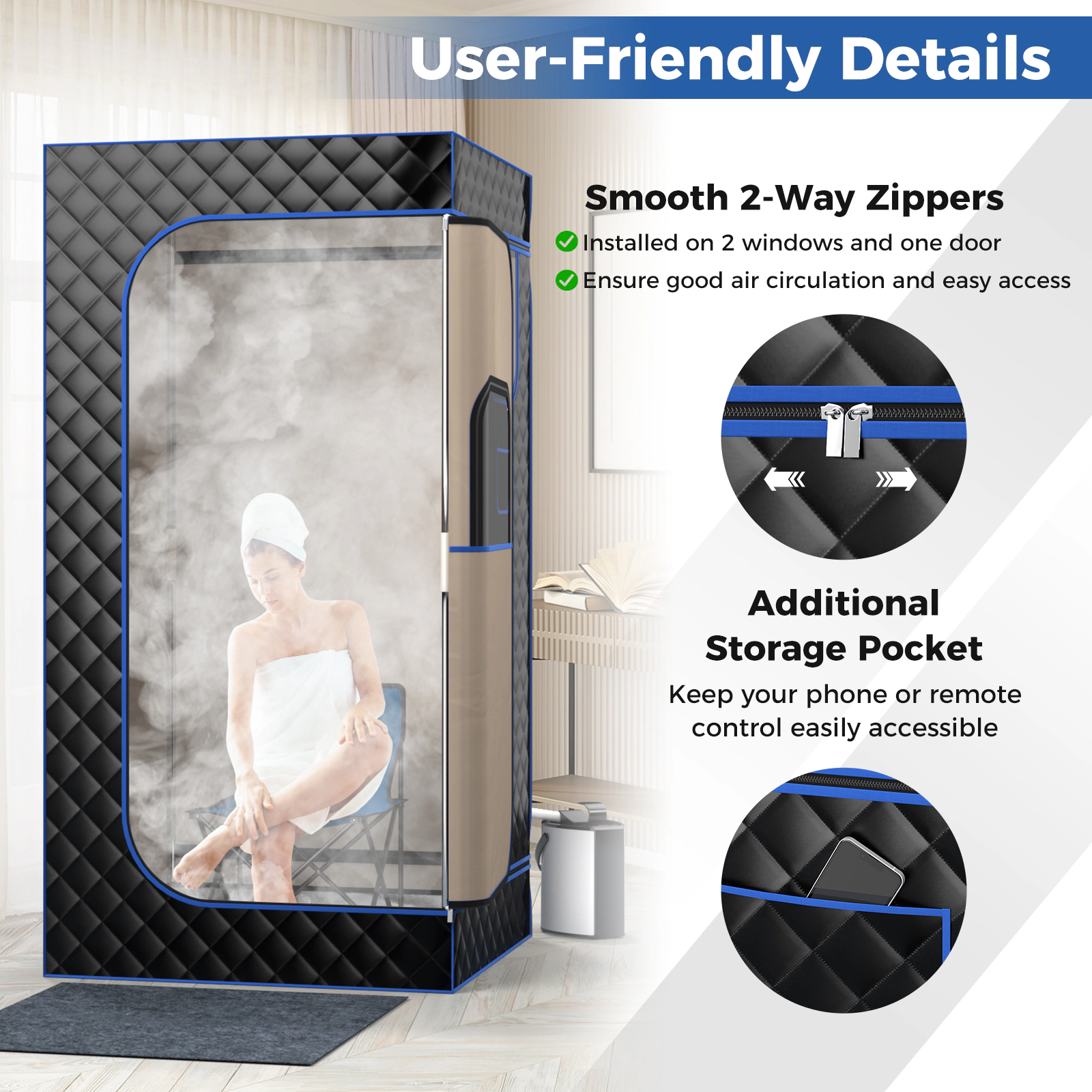 Slickblue Home Steam Sauna Tent with 3L Steam Generator Remote Control Chair Black