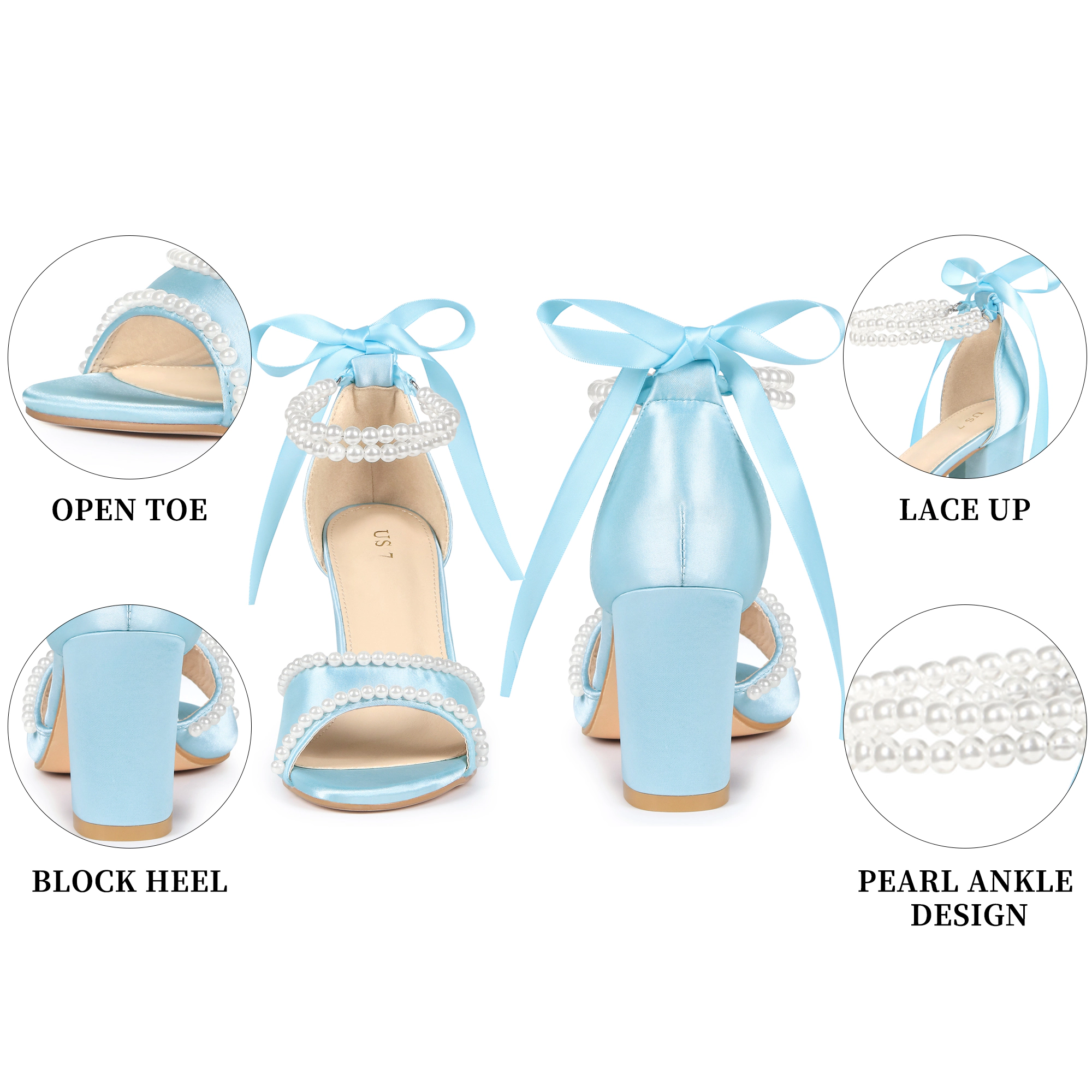 BLISSFUL STEP Women's Pearl Open Toe Block Heel Lace Up Satin Bridal Sandals
