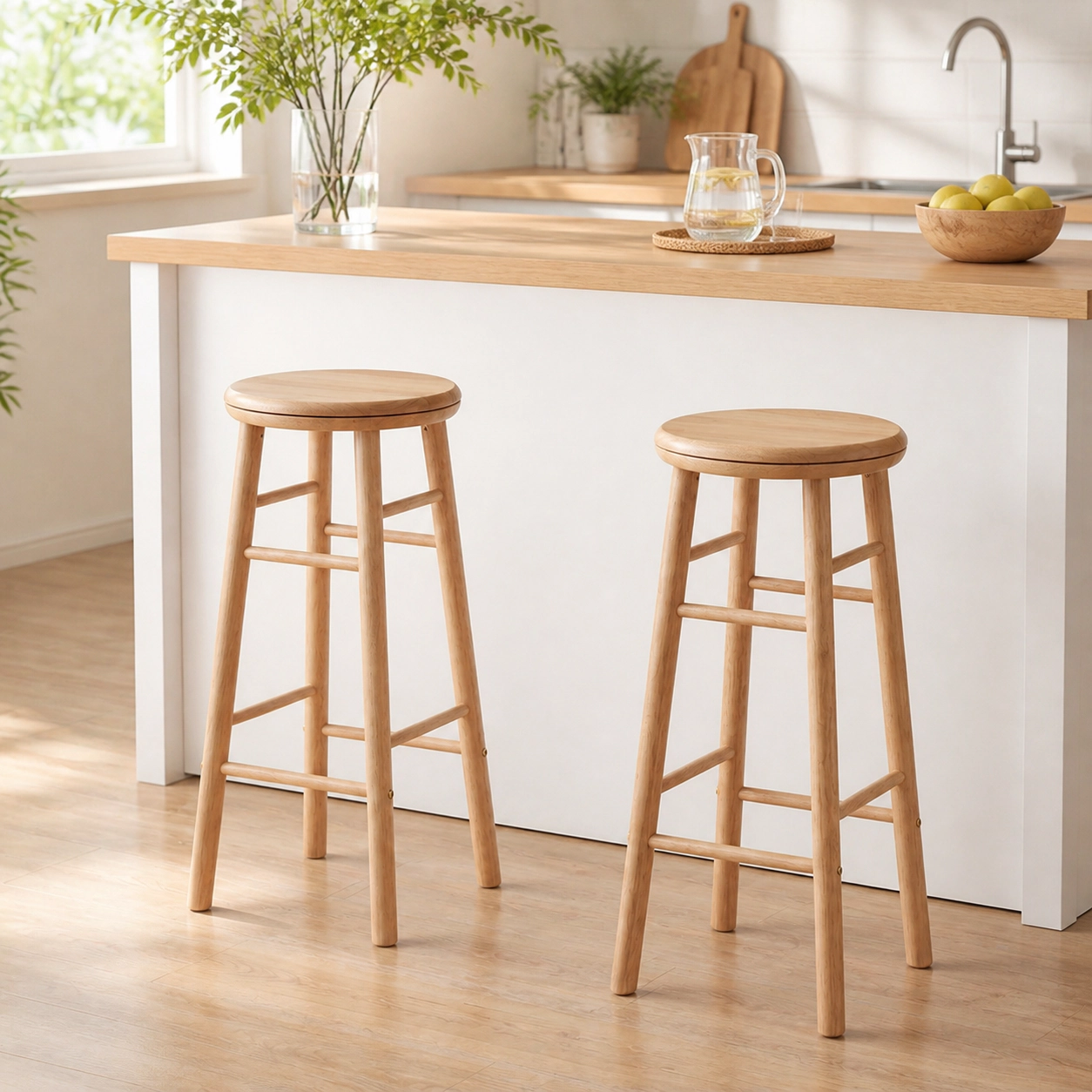 SUGIFT Set of 2 Natural Rubber Wood Swivel Counter-Height Bar Stools, 29-Inch Round Seats
