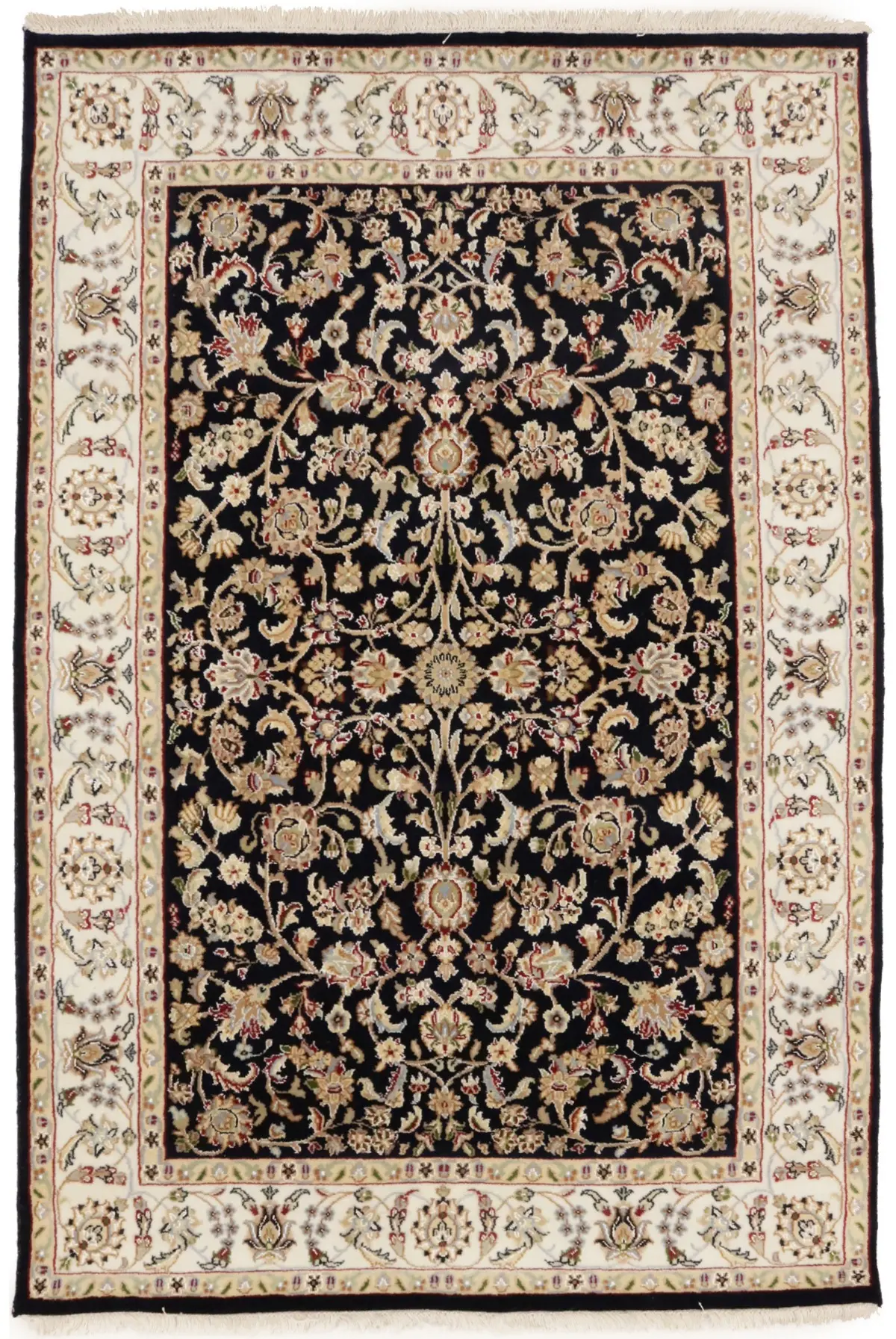 Magic Rugs 4'1 X 6'0 Floral Dark Navy Hand Knotted Indo-Nain Wool Rug