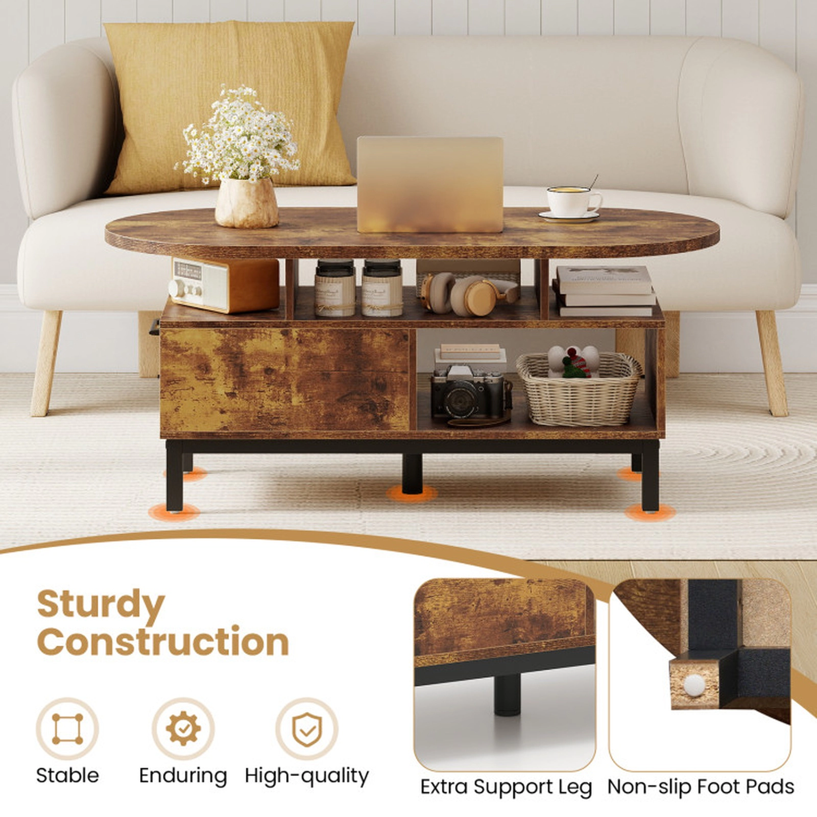 SUGIFT 47-in 110-lb Capacity Rustic Brown Oval Coffee Table with Drawer 2 Open Compartments and 5-Leg Base