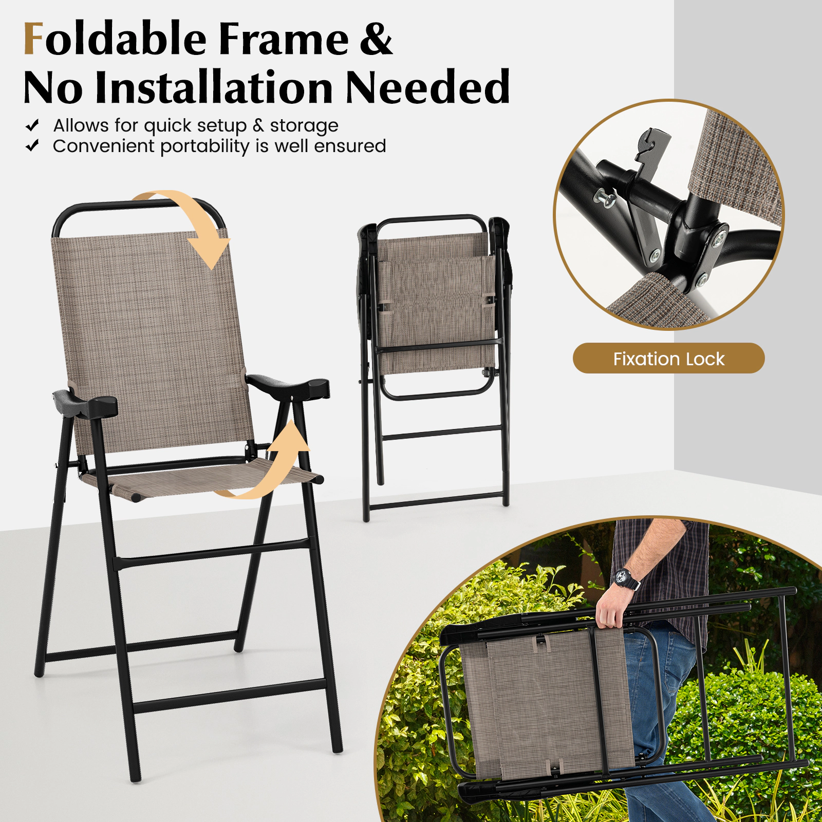 SUGIFT Coffee Metal Frame Armrests and Footrest Set of 4 Patio Folding Bar Stool