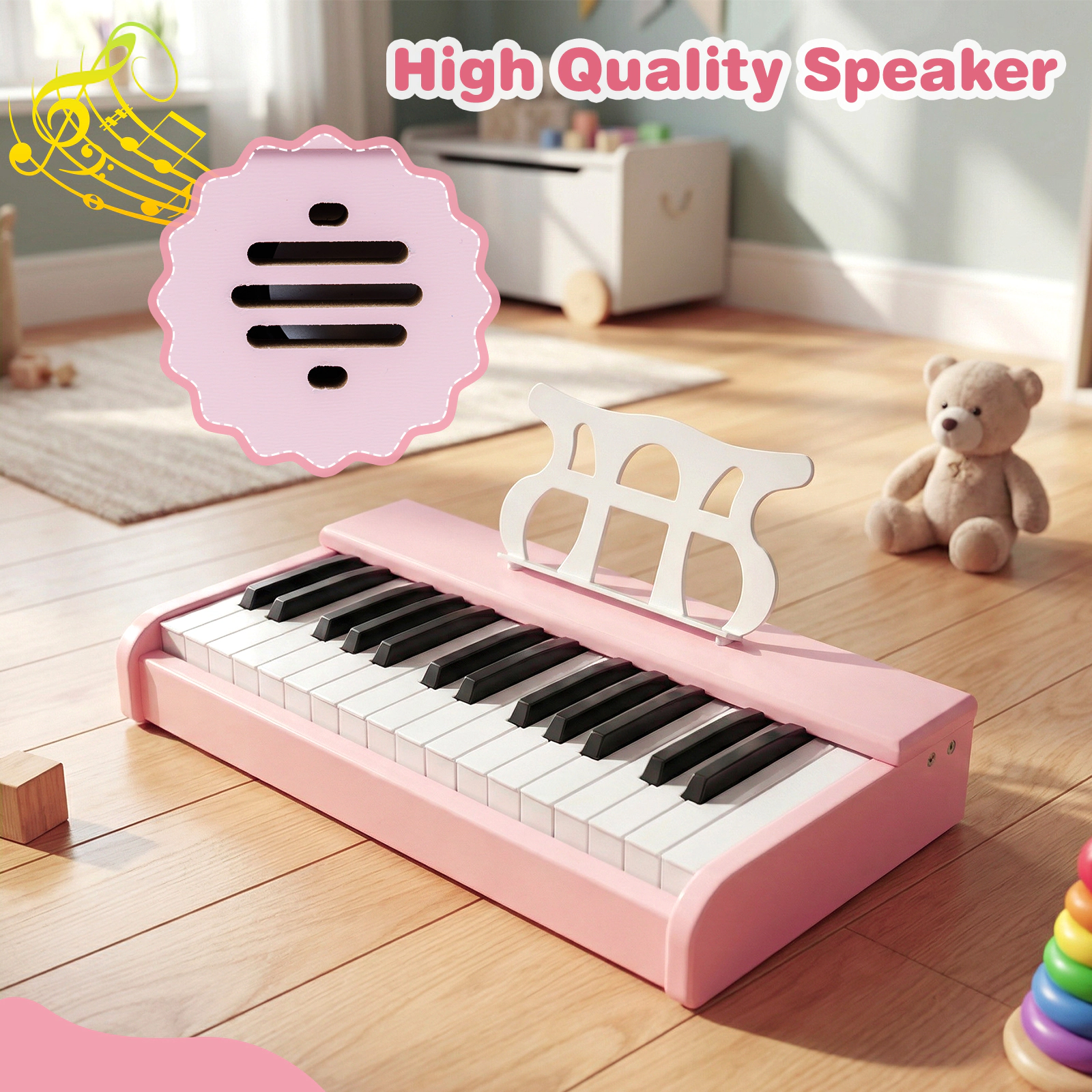 SUGIFT Pink 30-Key Kids Digital Piano Keyboard with Resonance Hole One-Key Start and Music Stand