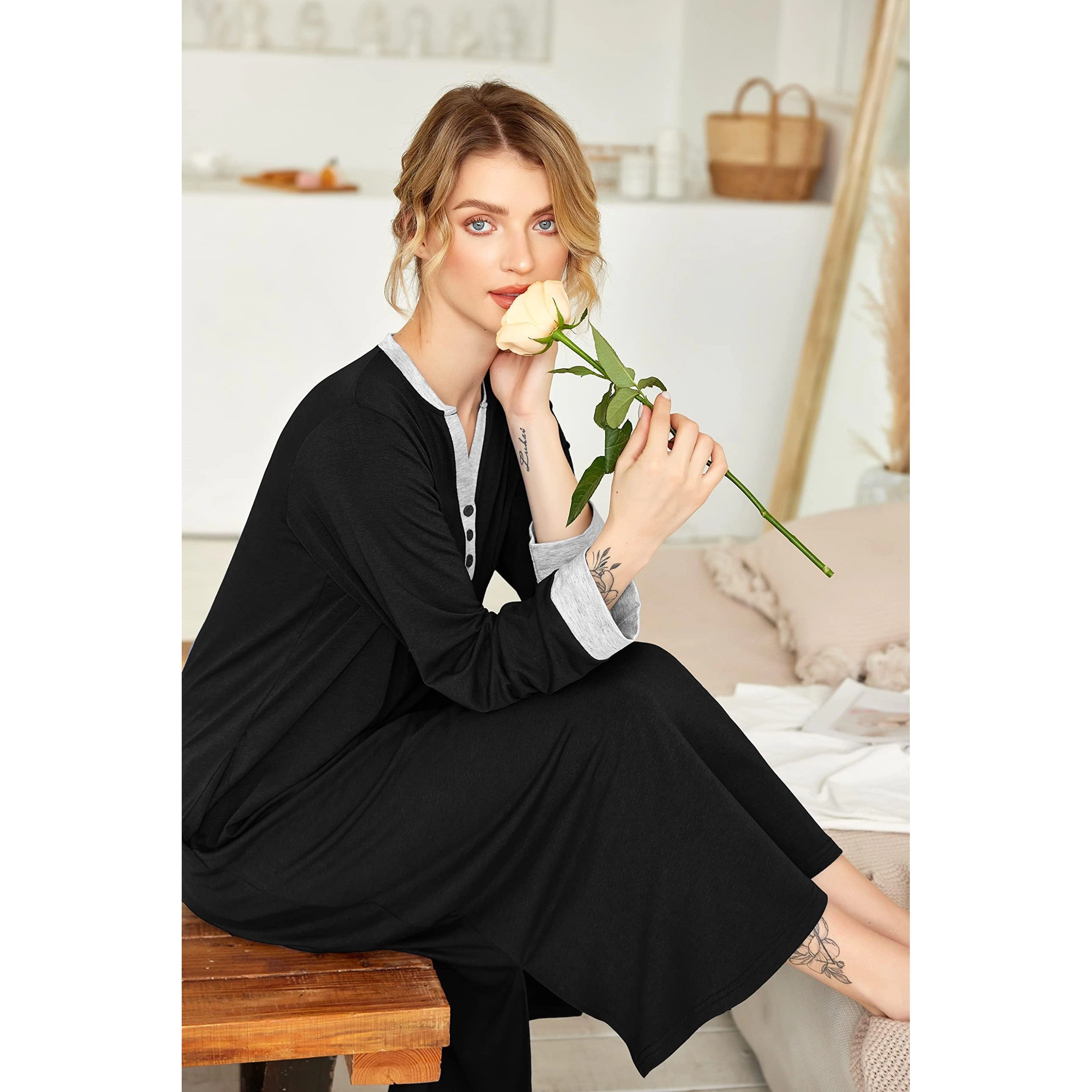 Ekouaer Long Sleeve Nightgown for Women Full Length Sleep Dress Maxi Night Shirt Casual Lounge