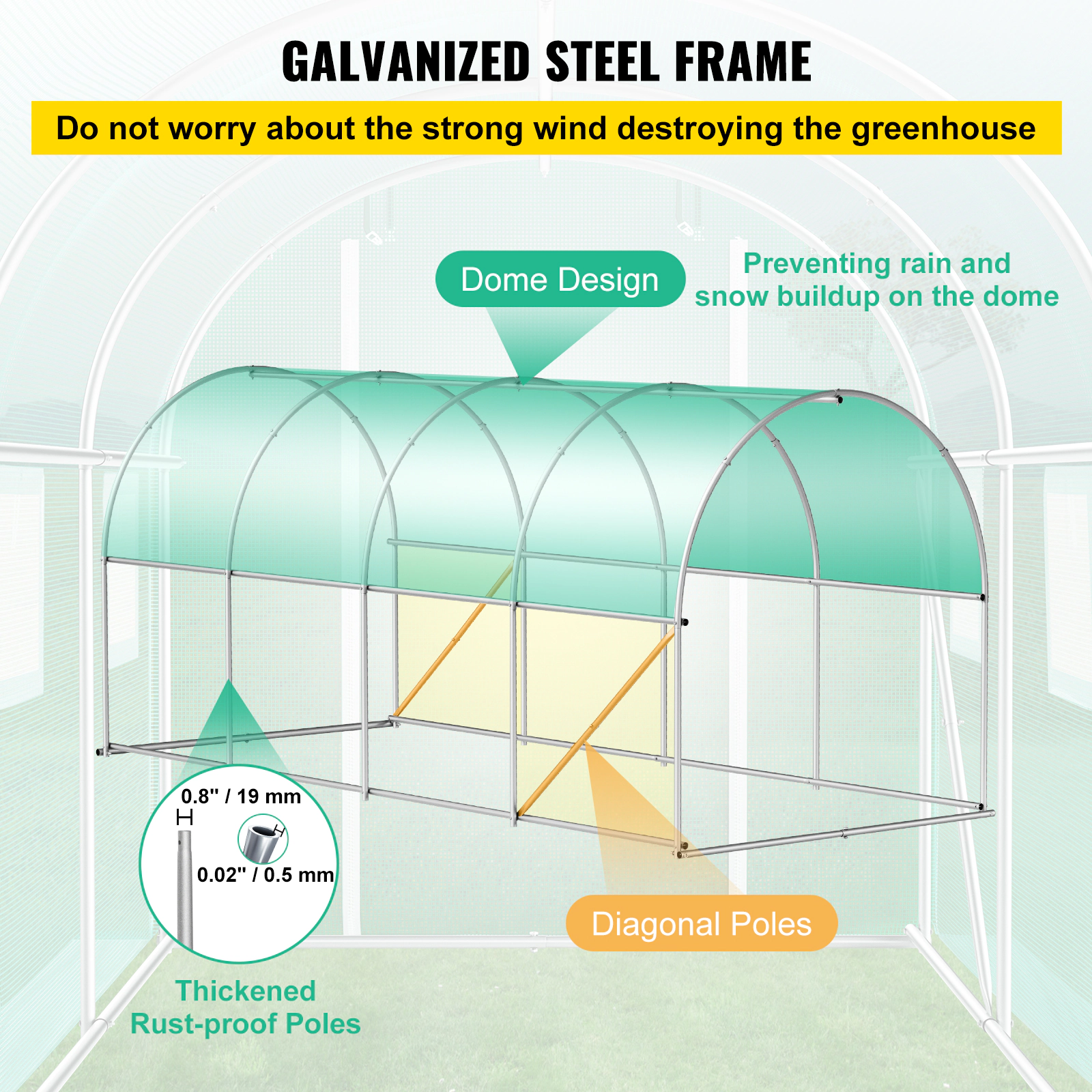 HONGGE Walk-In Tunnel Greenhouse, 15 x 7 x 7 ft, Galvanized Steel Hoop House with 8 Mesh Windows, Green