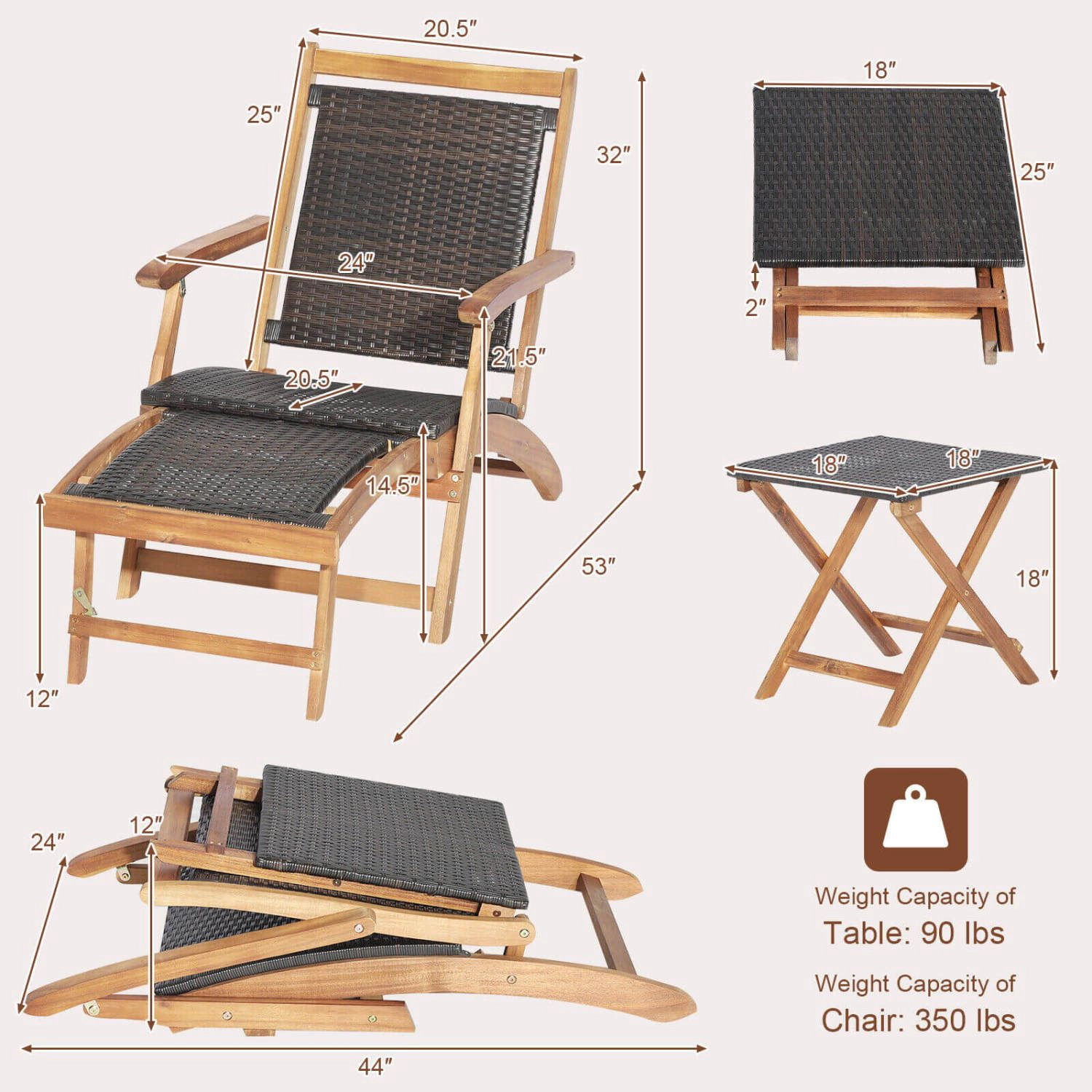 SlickBlue Unisex 3-Piece Patio Rattan Lounge Chair Set with Table