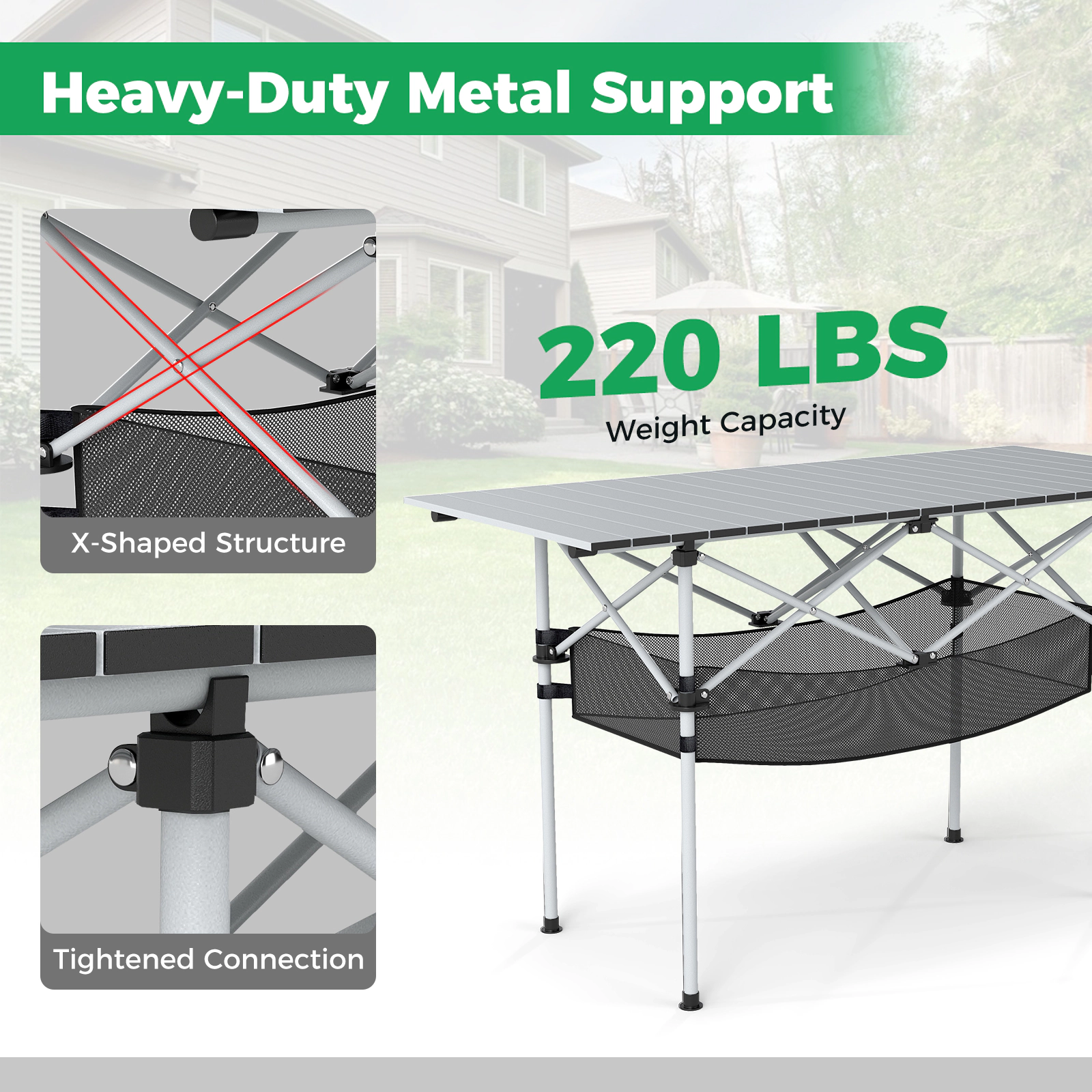 SUGIFT 47 x 22 in Folding Aluminum Camping Table with Roll-up Tabletop and Mesh Basket 220-lb Capacity Black/Silver