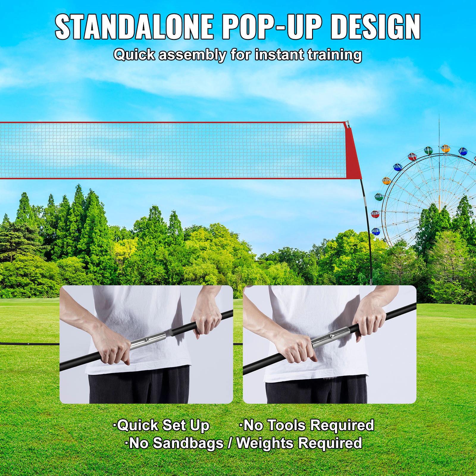 HONGGE Freestanding Volleyball Training Net, 14 Ft Wide, Height Adjustable 7.4 to 8 Ft, No-Tool Pop-Up Setup