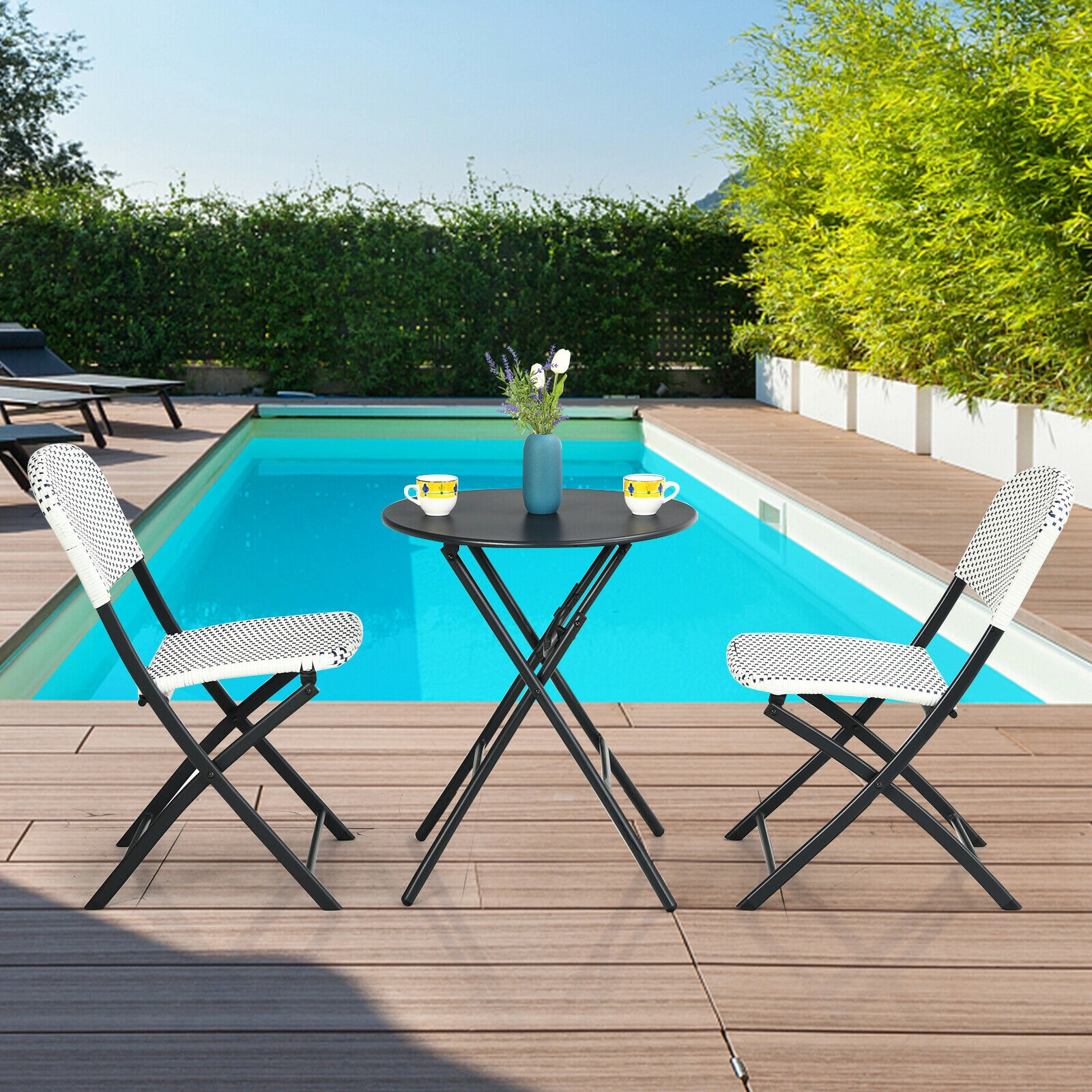 SUGIFT 3-Piece Folding Rattan Bistro Set, Round Table and 2 Chairs