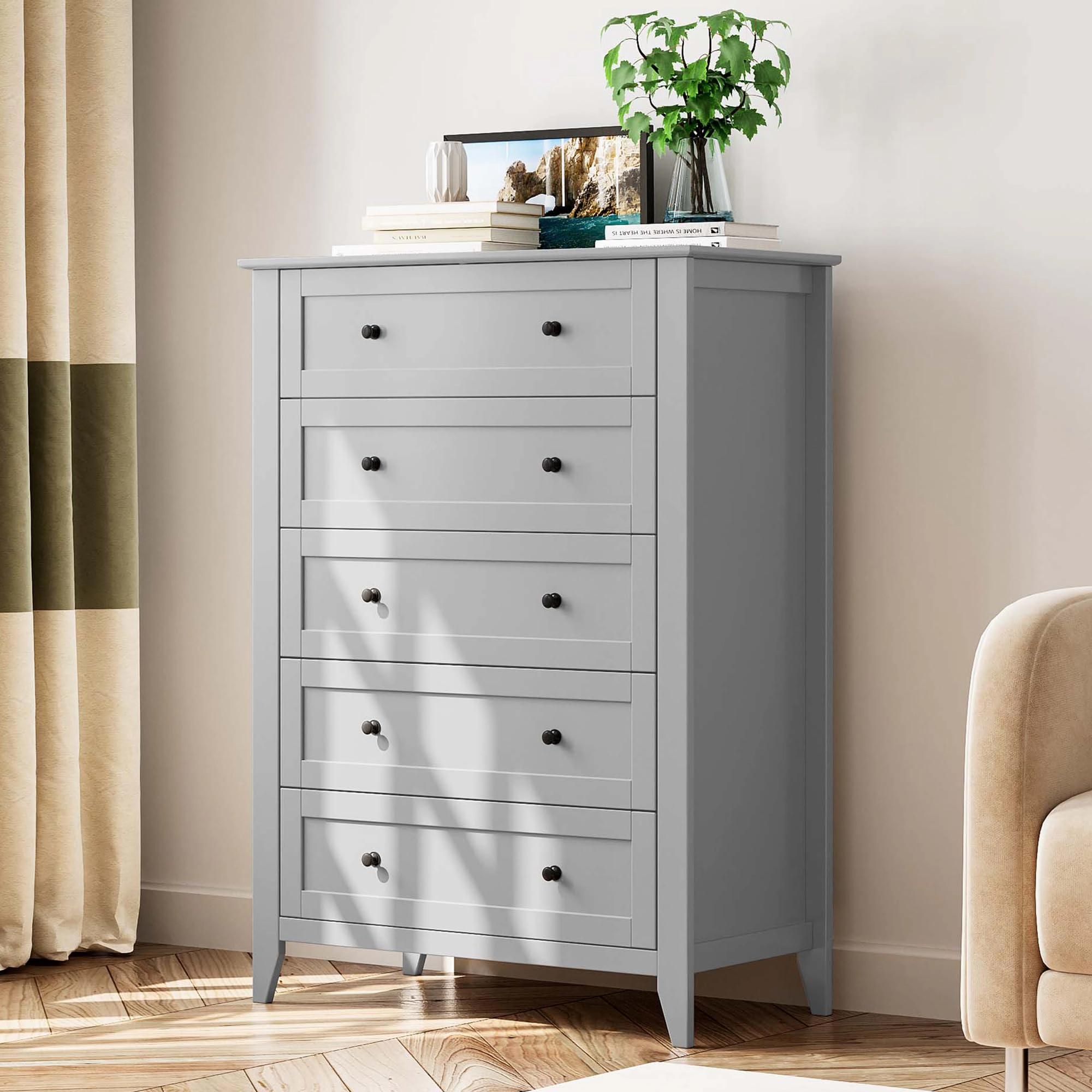 5 Drawer Tall Modern Dresser with Metal Knobs, Wooden Storage Chest for Bedroom Entryway Hallway