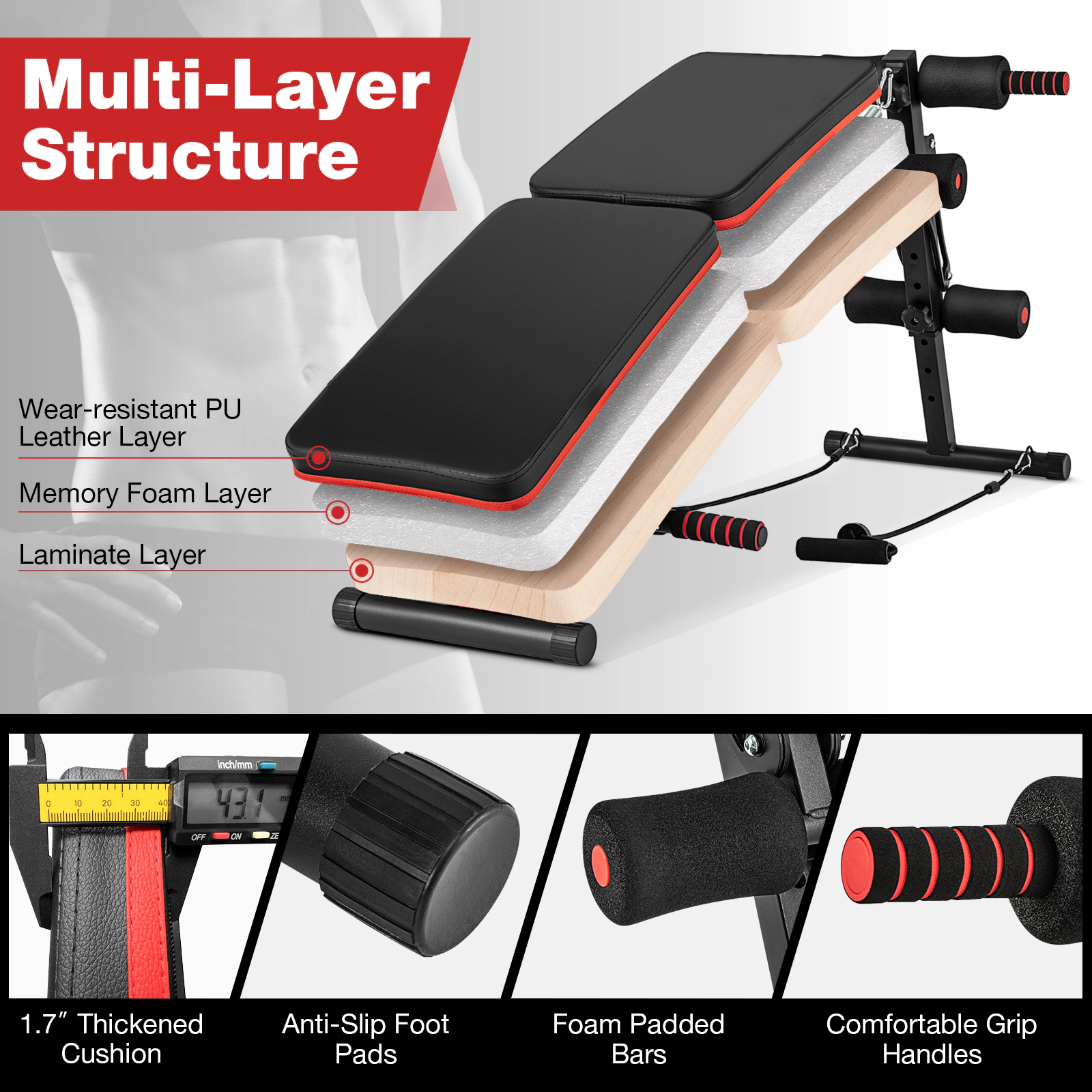SUGIFT Red and Black 330-lb Capacity 4-Position Adjustable Foldable Sit Up Workout Bench with Padded Support