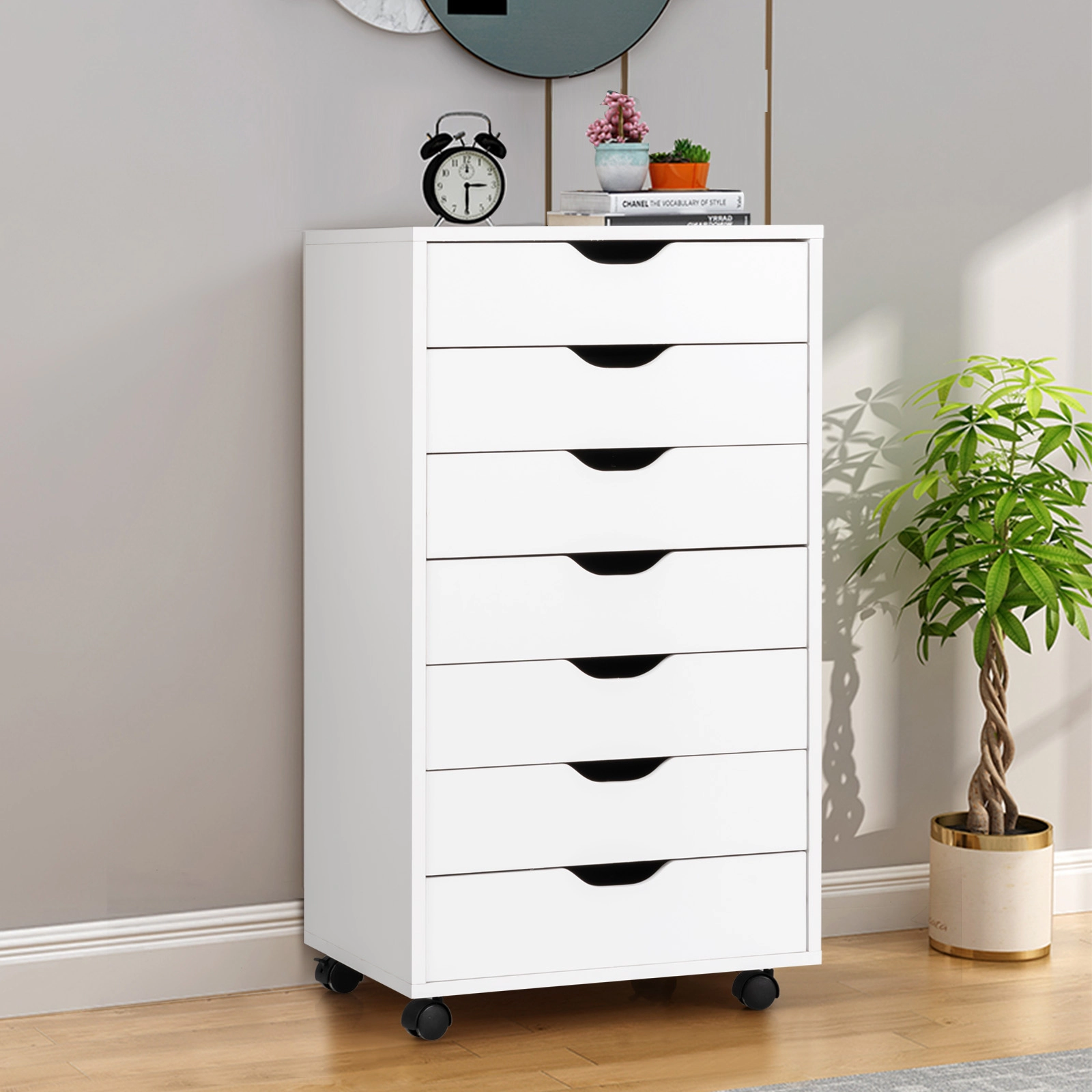 SUGIFT 7-Drawer MDF Engineered Wood Floor Cabinet Storage Dresser with Wheels 120-lb Capacity 19.5-in Wide White